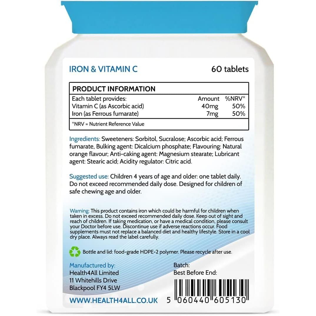 Health4All Kids Iron 60 Chewable Tablets 2 Months Supply, Vegan Sugar-Free Iron Supplement for Children 4+ Supports Learning, Growth & Immune System, Natural Orange Flavour, Made in UK (Not Gummies)