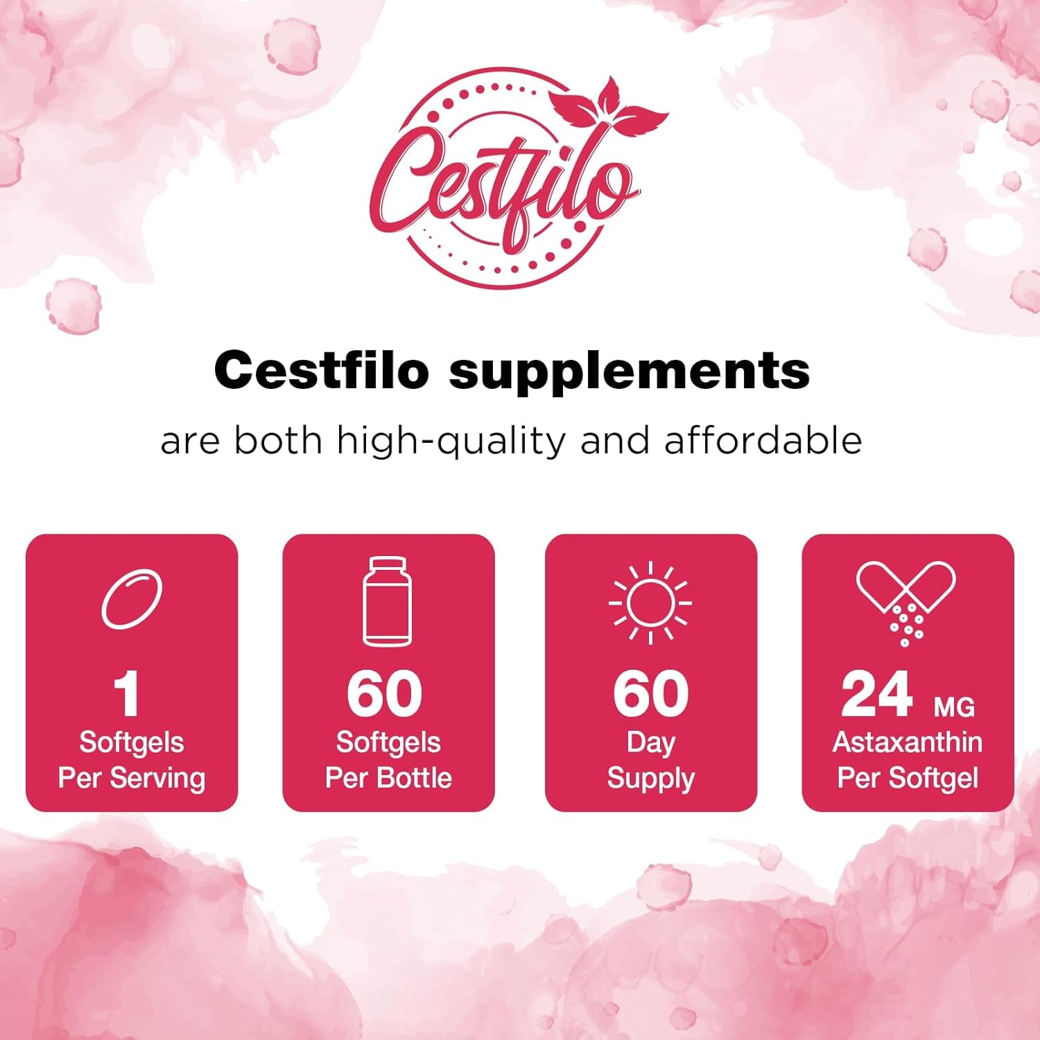 Cestfilo Liposomal Astaxanthin Supplement 24MG, Maximum Absorption, Natural Antioxidant for Skin & Eye Health, Gluten Free, Non-Gmo & No Gluten (60 Count (Pack of 1))