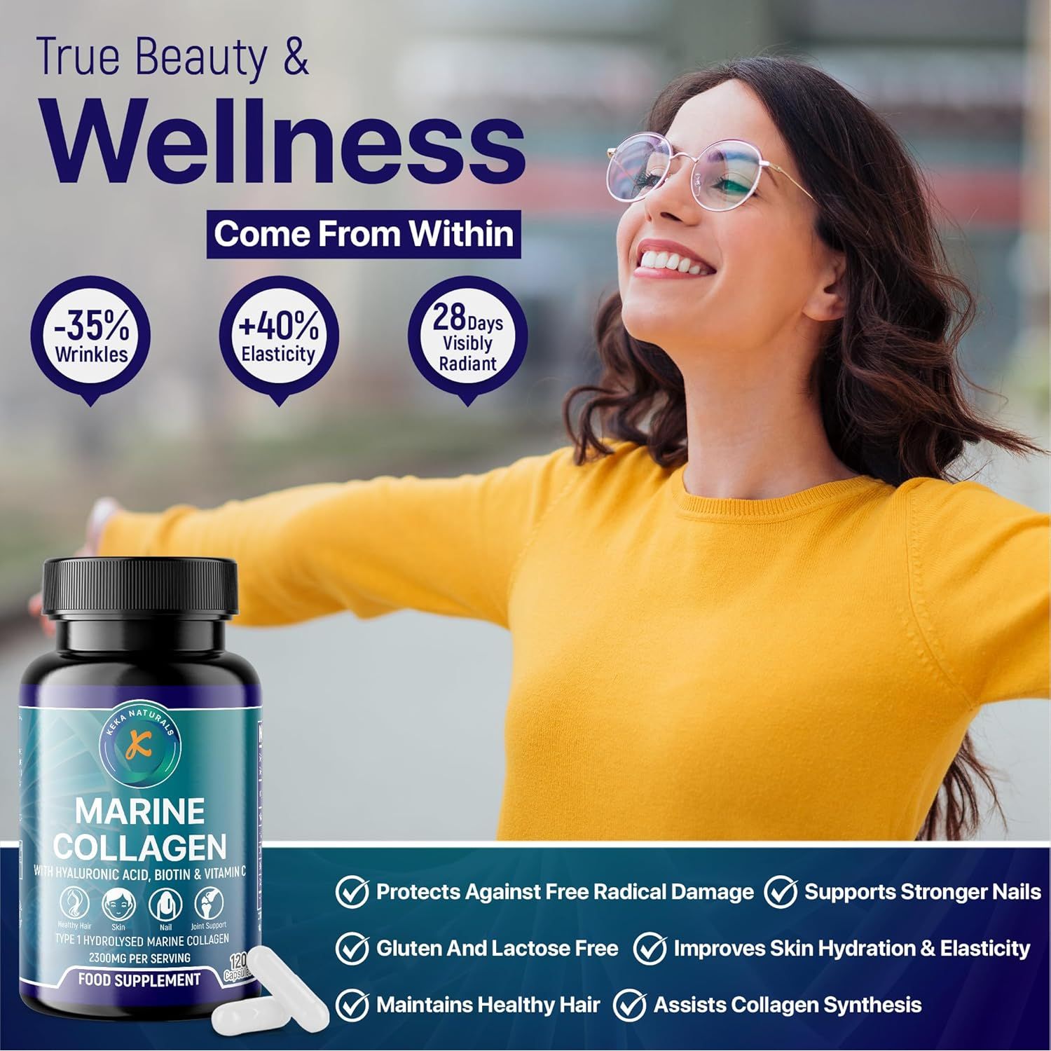 Hydrolysed Marine Collagen Peptides 2300Mg - Enhanced with Hyaluronic Acid & Vitamin C - High Strength Collagen Supplements for Women and Men - 120 Capsules