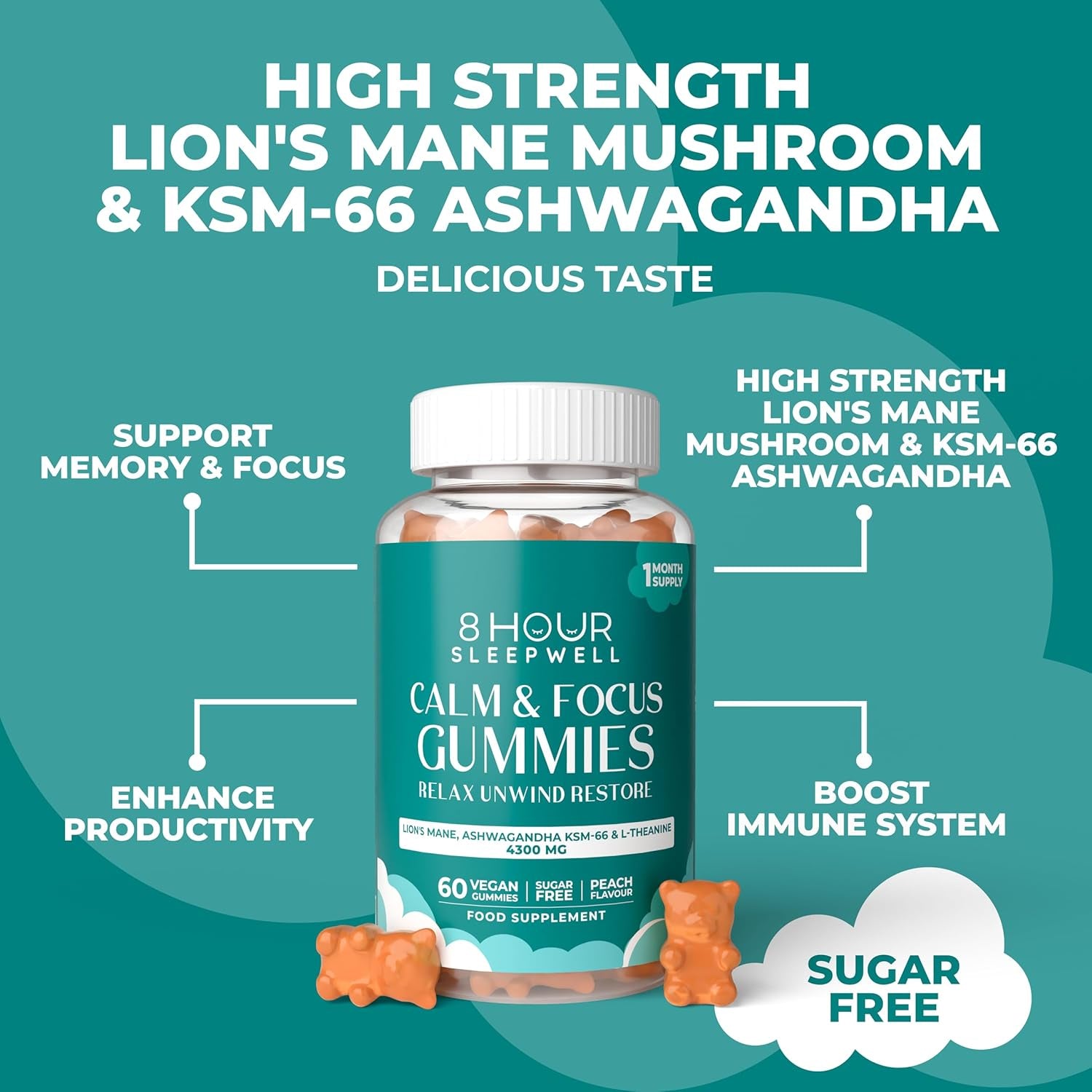Lion'S Mane Mushroom & Ashwagandha KSM-66 Gummies - 4300Mg High Strength Supplement - 60 Sugar-Free & Vegan Gummies - with Zinc, B6 & B12 - for Calming, Mental Performance, and Nervous System Support