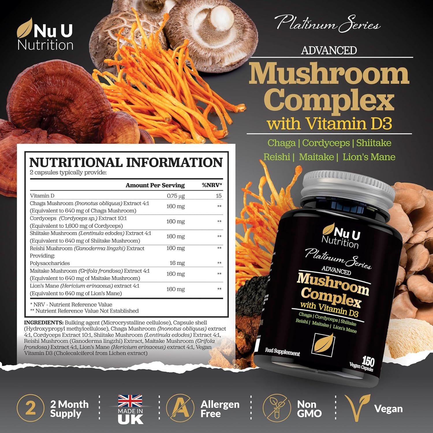Mushroom Complex 6 Supplement - 150 Vegan Capsules - High Potency Superblend of Lions Mane, Chaga, Cordyceps, Shiitake, Reishi, Maitake Mushrooms with Vitamin D - Made in the UK - Nu U Nutrition