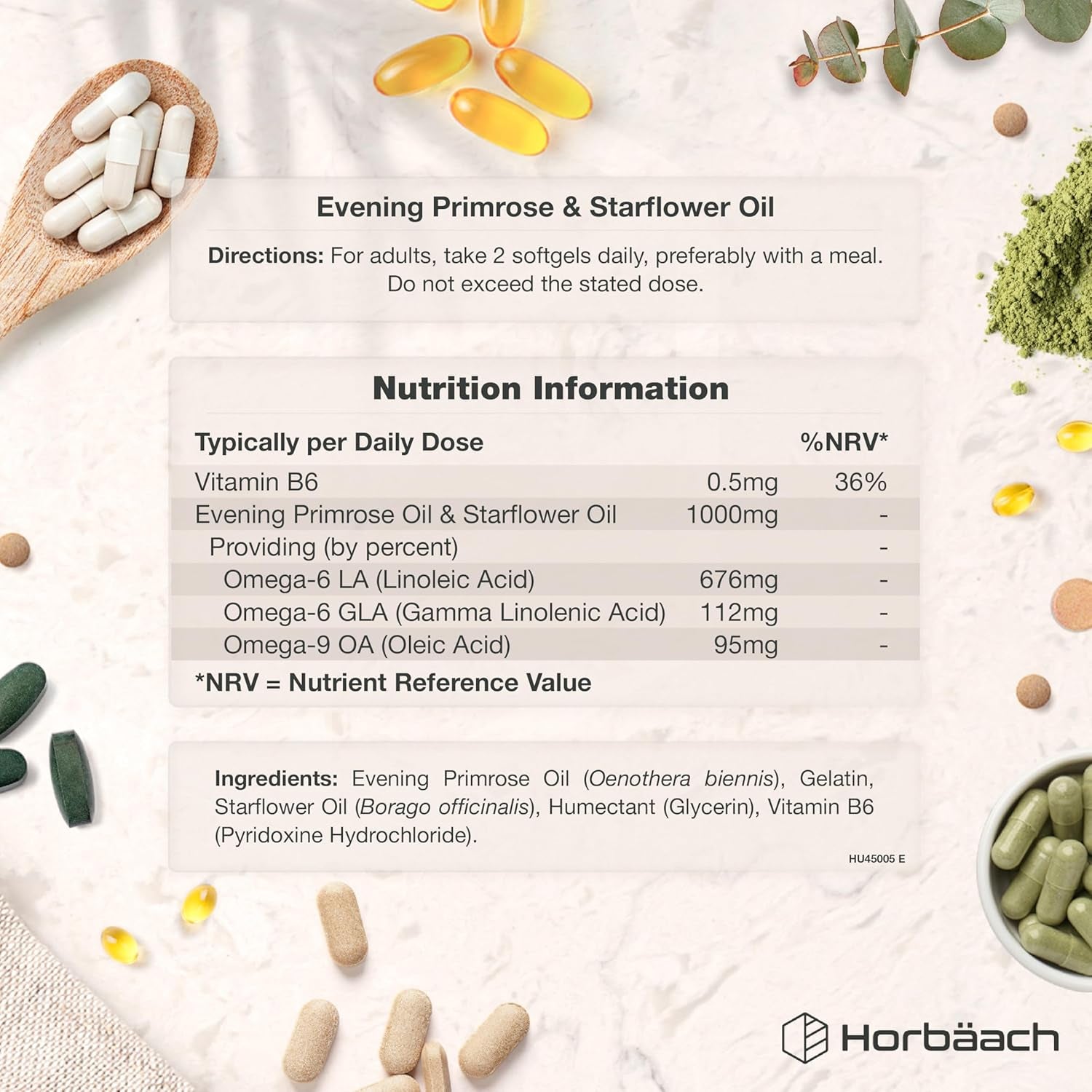 Evening Primrose and Starflower Oil Capsules 1000Mg | with Vitamin B6 | 60 Softgels | Rich Source of Omega 6 GLA & 9 Oleic Fatty Acids | by Horbaach