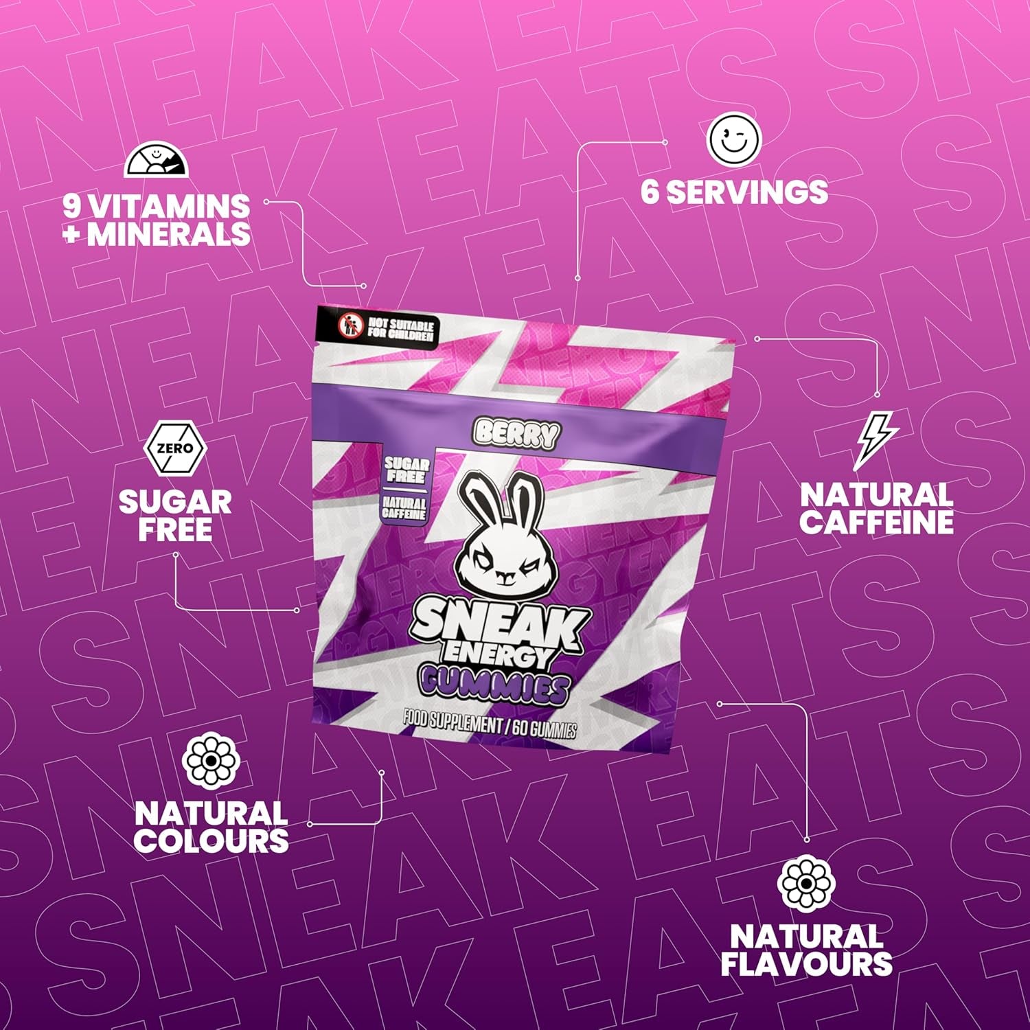 SNEAK Energy Gummies - Berry Flavour | 60 Pack | Sugar Free, with 100Mg Natural Caffeine per Serving | Boost Focus, Energy & Mental Clarity | 9 Vitamins & Minerals