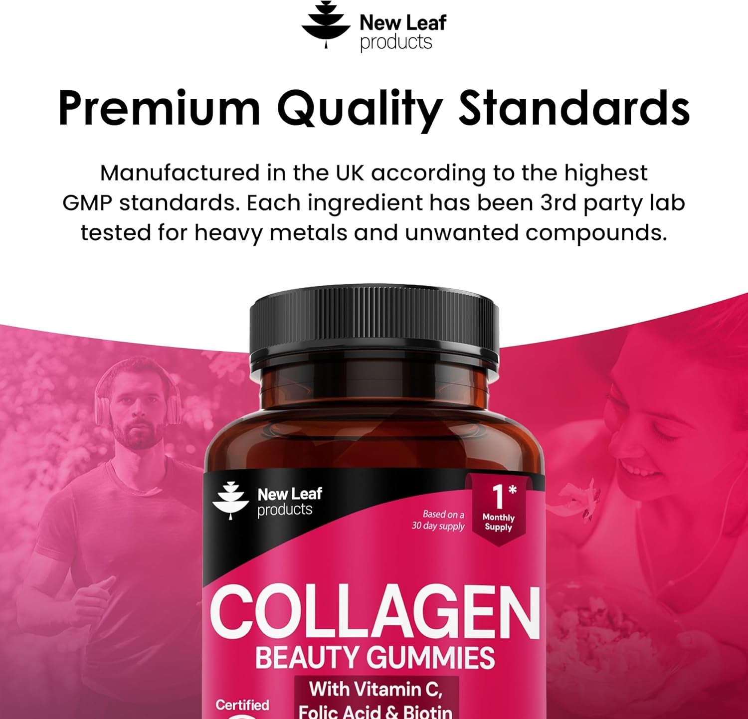 Collagen Gummies - High Strength Type L Bovine Collagan Beauty Supplement - Advanced Superior Type 1 Hydrolysed Collagen Peptides - Added Biotin, Vitamin C & Folic - 60 Gummies