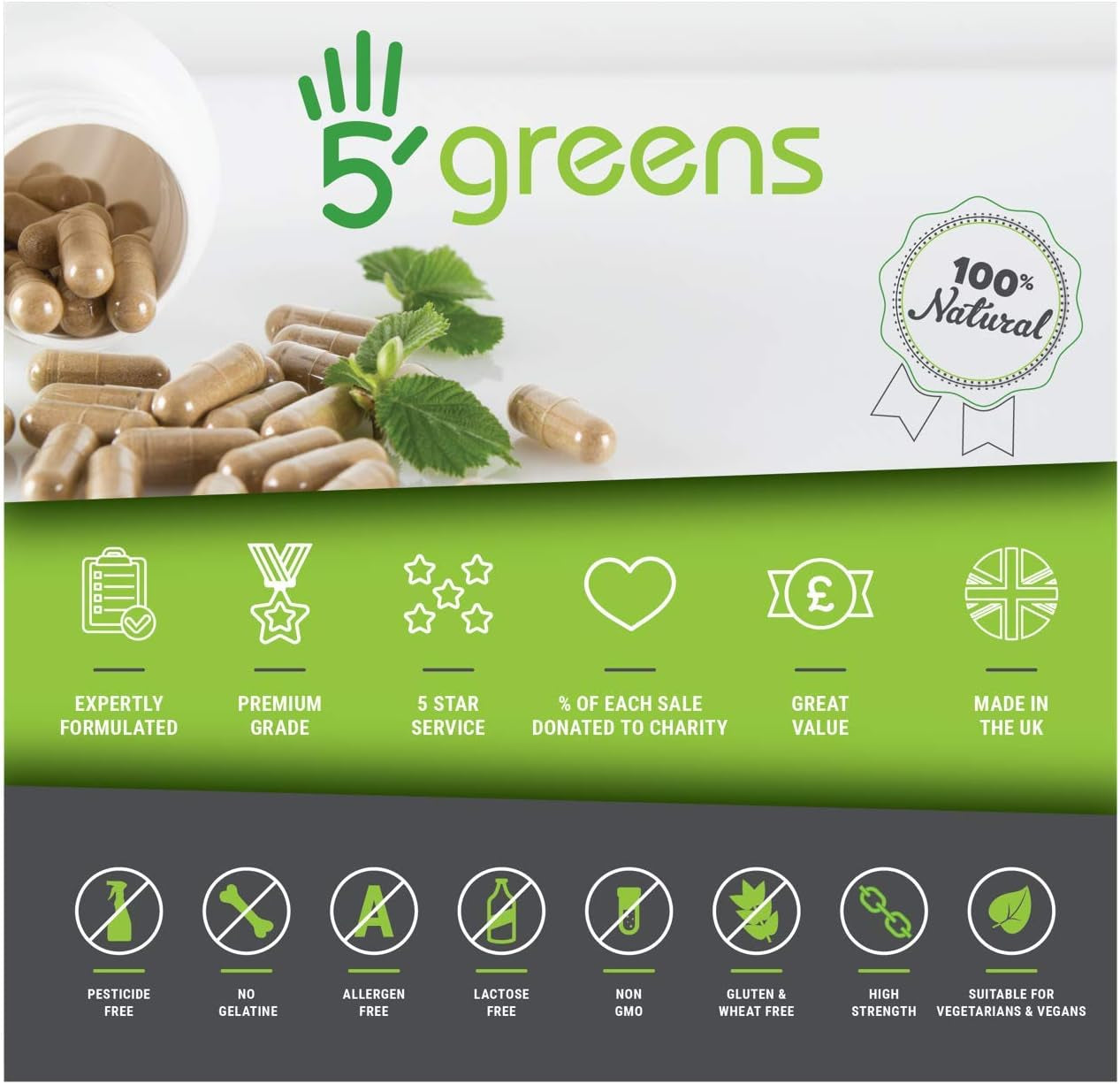 Moringa Oleifera | 120 Capsules High Strength Extract 500Mg 10:1 Equivalent to 5000Mg | Vegan & Vegetarian 5Greens