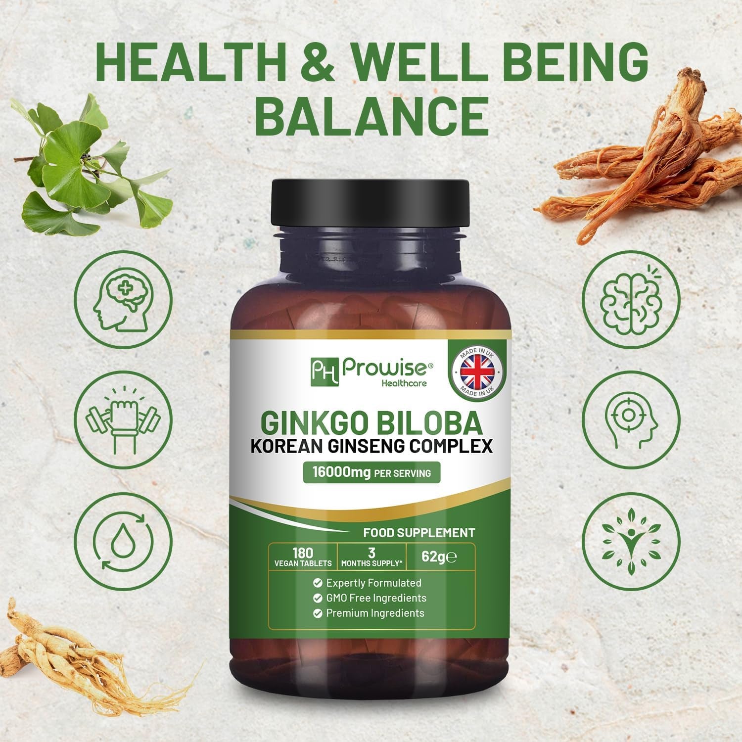 Ginkgo Biloba and Korean Ginseng Tablets 16000Mg 180 Vegan Tablets | Ginkgo 12000Mg & Korean Ginseng Root 4000Mg Supports Cognitive Function & Mental Performance | UK Manufactured by Prowise