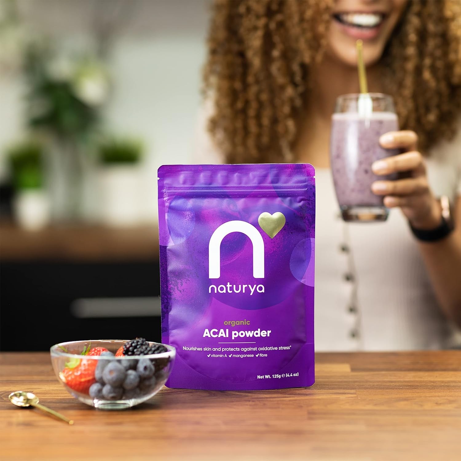 Naturya Organic Açaí Powder - Wild-Harvested from Amazonian Açaí Palms, Rich in Manganese & Vitamin A, High in Fibre, Antioxidant Superfood, Gluten-Free, Vegan - 125G Pouch