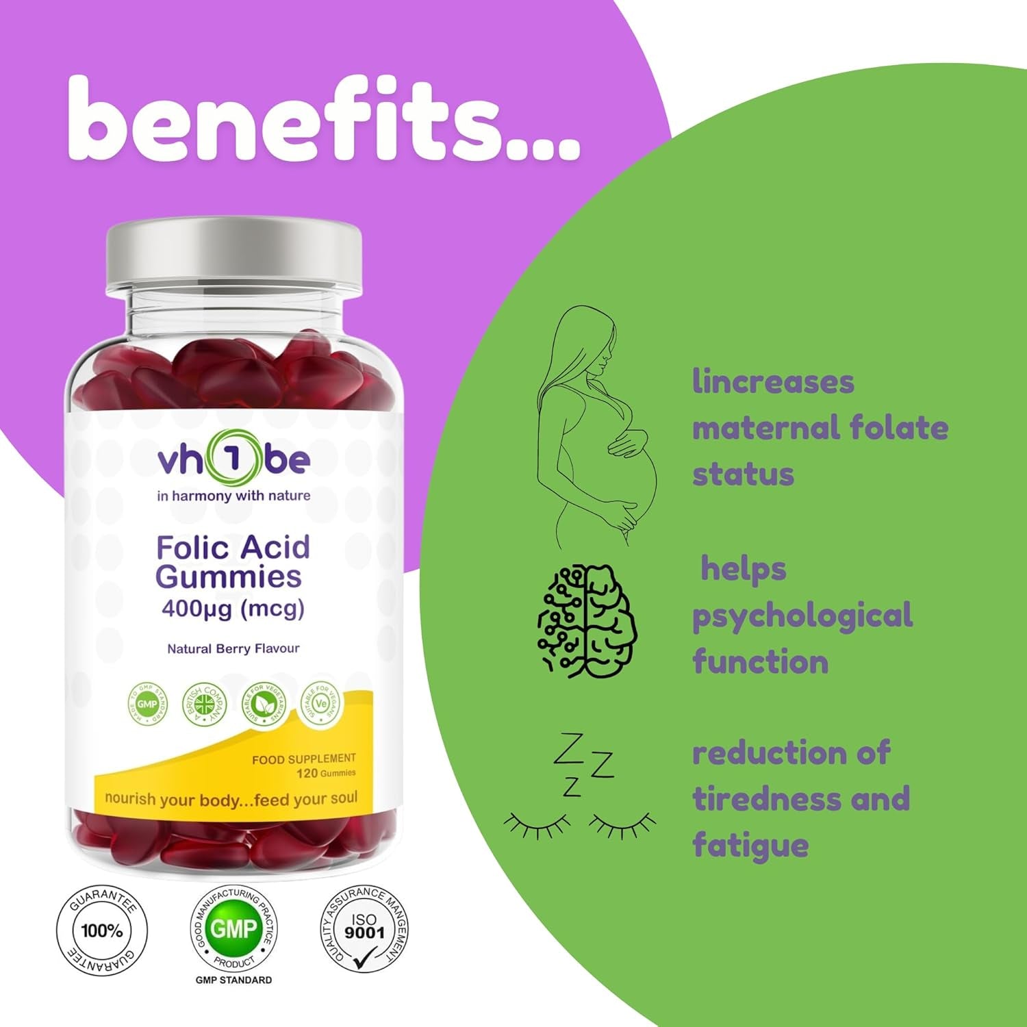 Folic Acid Gummies 400Μg – Prenatal & Pregnancy Support – Berry Flavour Vegan Supplement – 120 Gummies