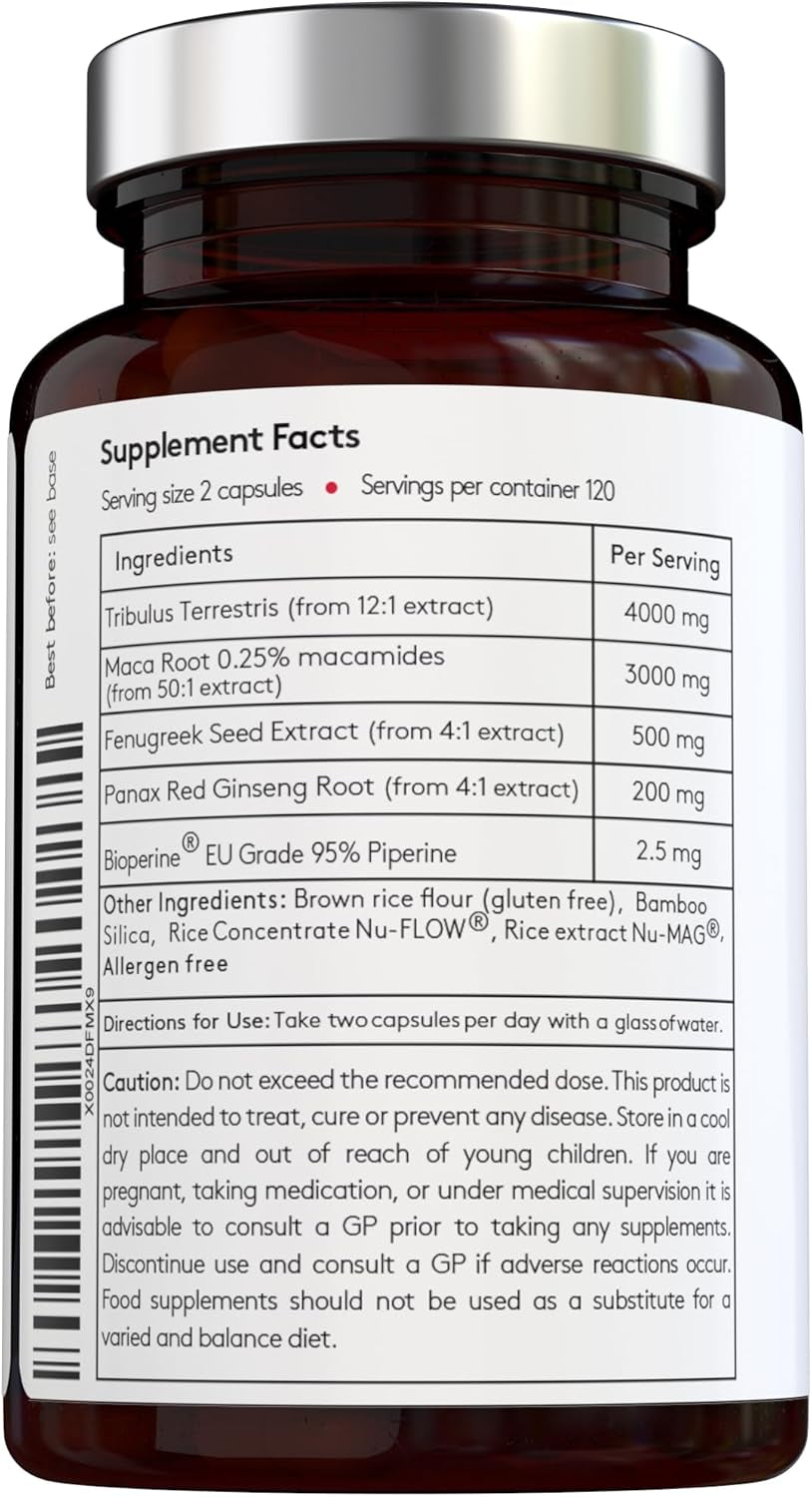 [Vital Haven] 4-In-1 Libido Booster - Maca Root + Tribulus Terrestris + Red Ginseng + Fenugreek with Bioperine for Maximum Absorption - Max Potency - 2-Month Supply - Vegan - Made in the UK