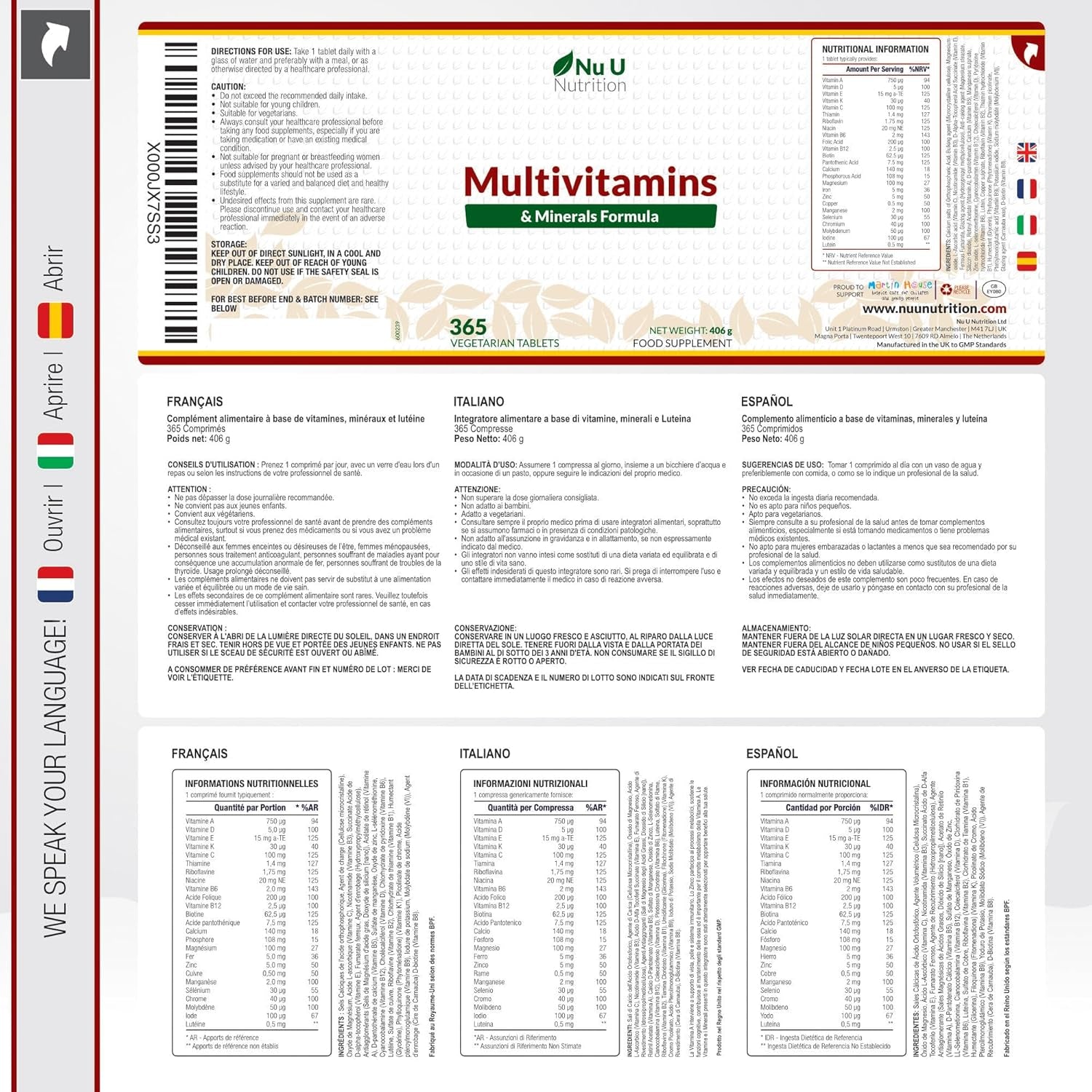 Nu U Nutrition - A-Z Multivitamin Tablets for Men & Women - 365 Tablets - 12 Month Supply - 25 Essential Multivitamins & Minerals Including Iron, Zinc & Vitamin D - One a Day - Made in the UK