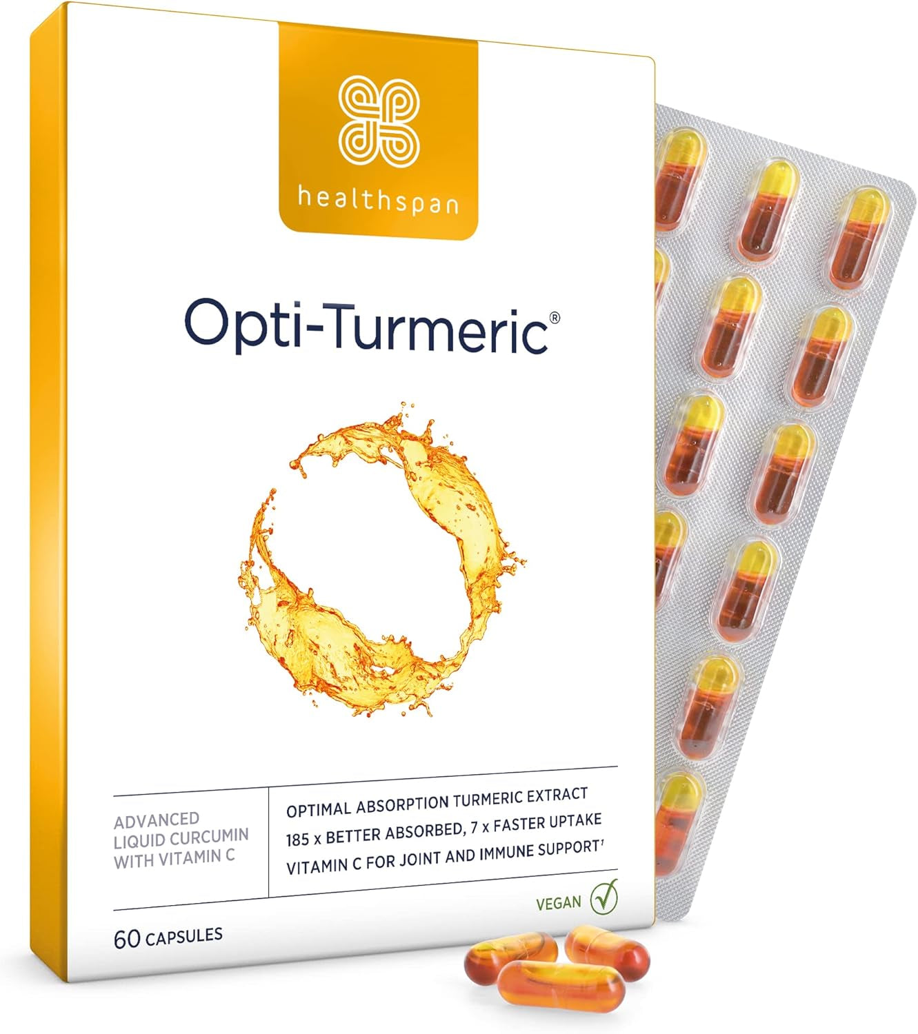 Healthspan Opti-Turmeric | High Strength 500Mg Liquid Curcumin | Supports Cartilage Formation | Immune Health | 185 Times Better Absorbed & 7 Times Faster Acting than Standard Turmeric (60 Capsules)
