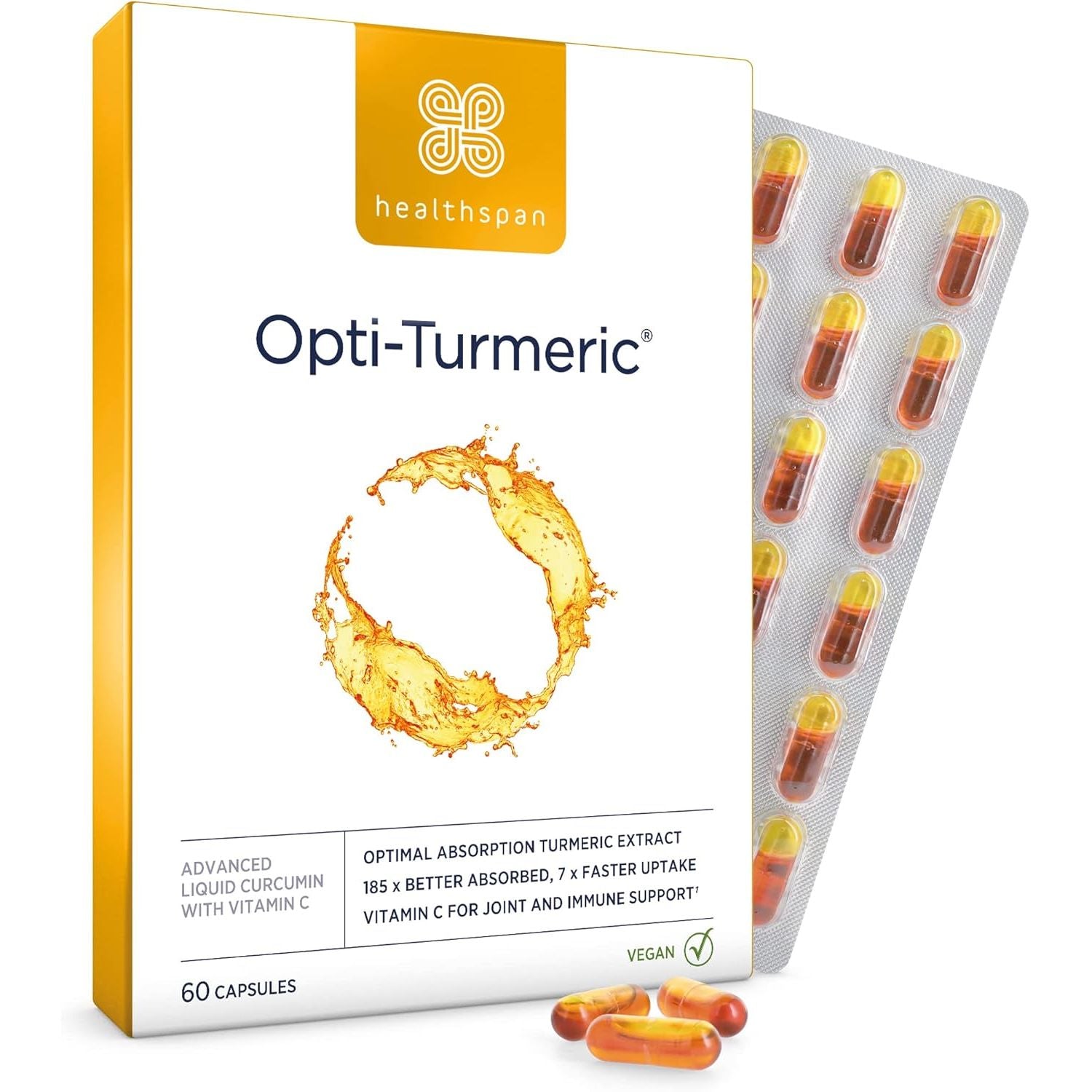 Healthspan Opti-Turmeric | High Strength 500Mg Liquid Curcumin | Supports Cartilage Formation | Immune Health | 185 Times Better Absorbed & 7 Times Faster Acting than Standard Turmeric (60 Capsules)
