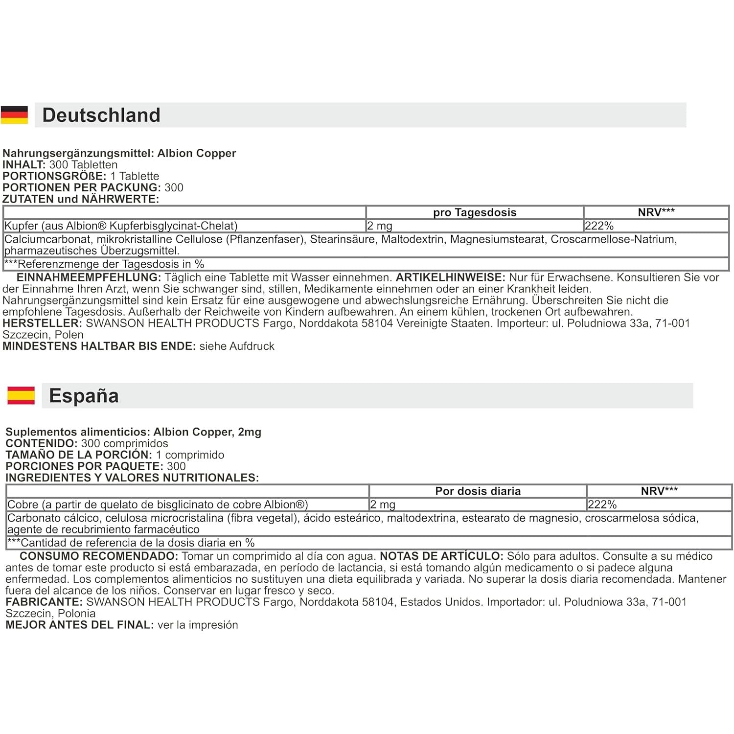 Swanson - Copper, 2Mg | Bone and Cardiovascular Health - 300 Tablets