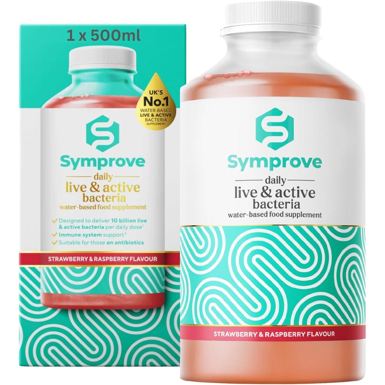 Symprove Daily Probiotic Drink, Strawberry & Raspberry, 10 Billion Cfus, 4 Clinically Studied Strains, Gut & Immune Support, Water-Based, Vegan, Dairy & Gluten Free (Pack of 1 X 500Ml)