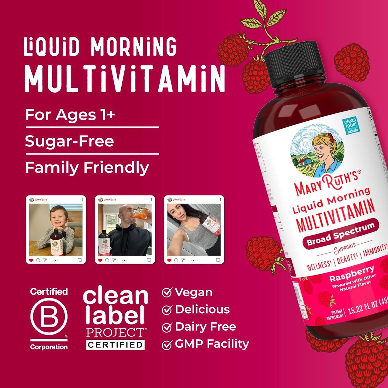 Maryruth Organics, Liquid Morning Multivitamin Essentials+, Essential Vitamins & Minerals, Sugar Free, Raspberry Flavour, 450Ml, Vegan, Gluten Free