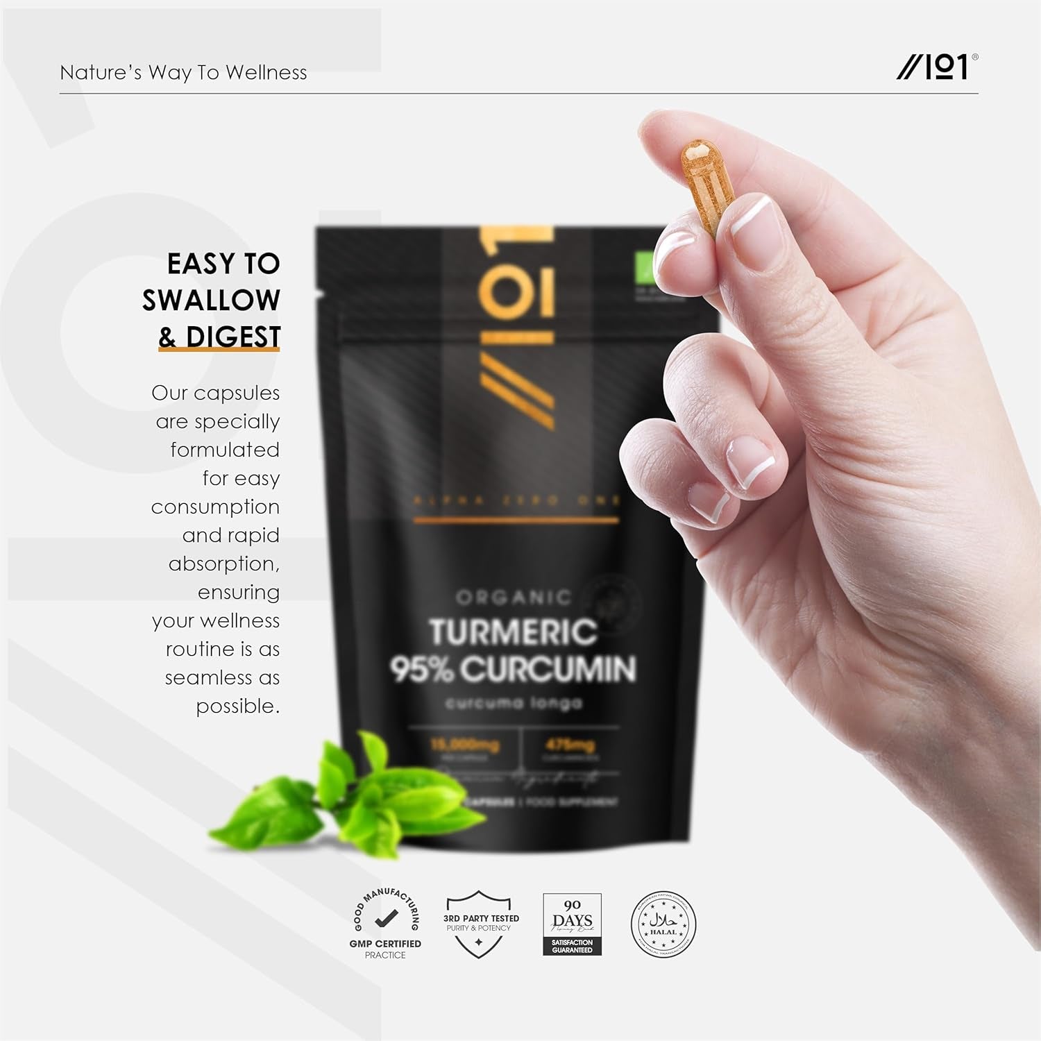 Organic Curcumin 95% with Black Pepper – 475Mg Curcuminoids – 60 Vegan Capsules – High Strength Turmeric Supplement – 2 Months Supply by Alpha01