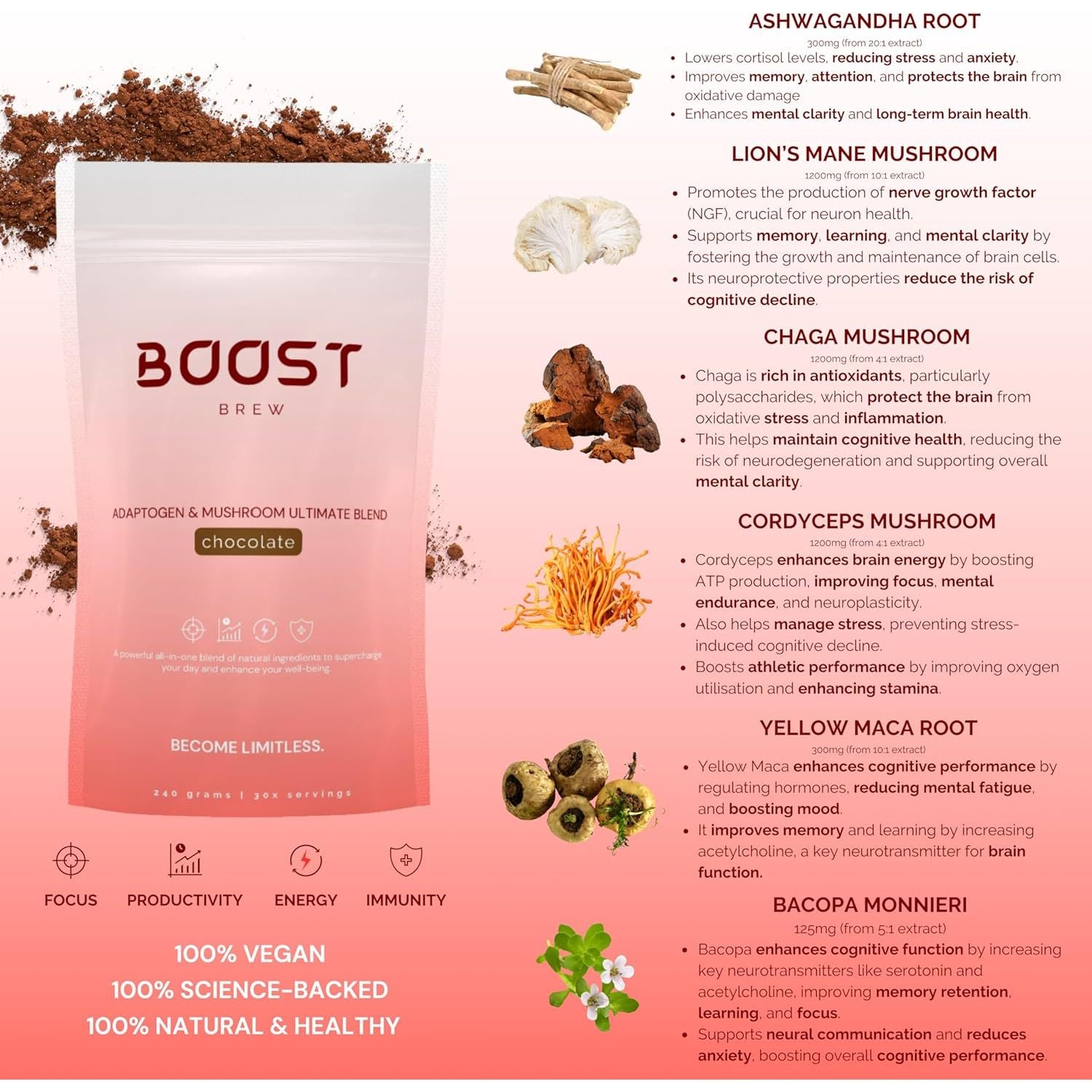 Boost Brew Chocolate Mushroom Coffee Alternative 240G 30 Servings | Lions Mane, Chaga, Ashwagandha, Cordyceps, Maca Root, Bacopa Monnieri, Chocolate Flavoured Mushroom & Adaptogen Vegan Powder Drink