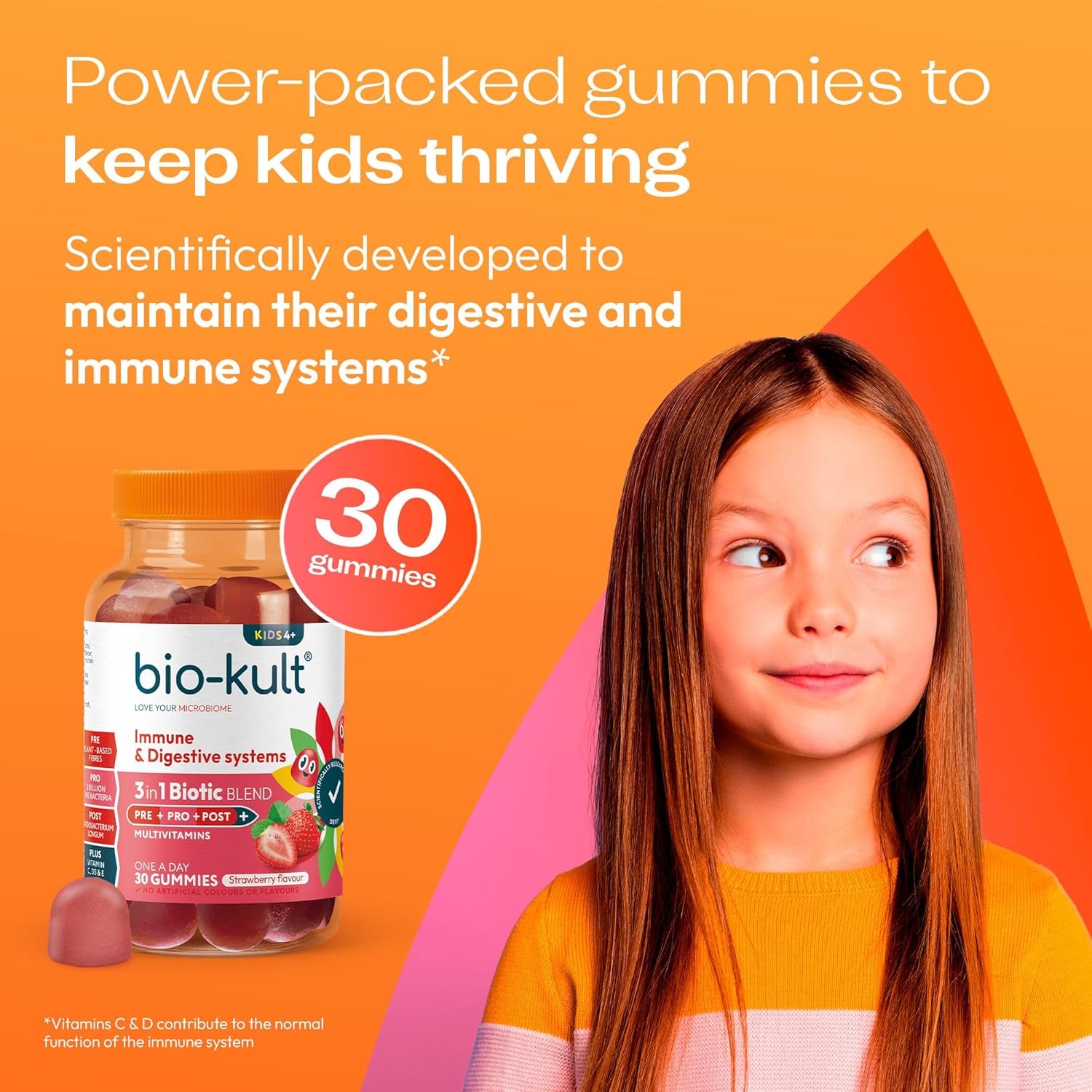 Bio-Kult 3In1 Gut Health Gummies for Kids | 2B CFU + Multivitamins | Strawberry Flavour | Ages 4+ | 30 Probiotic Gummies