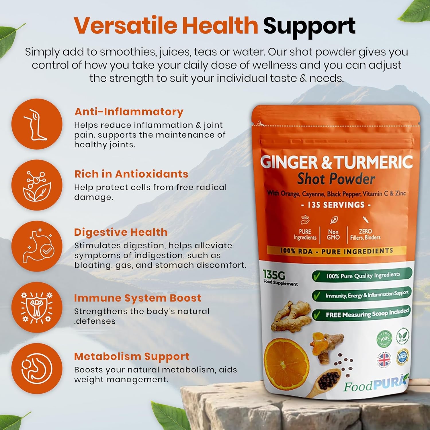 Foodpura 135G Ginger & Turmeric Shot Drink Powder 135 Servings with Orange Cayenne Black Pepper Vitamin C & Zinc 100% RDA Natural Supplement No Added Sugar Immunity Energy & Inflammation Support
