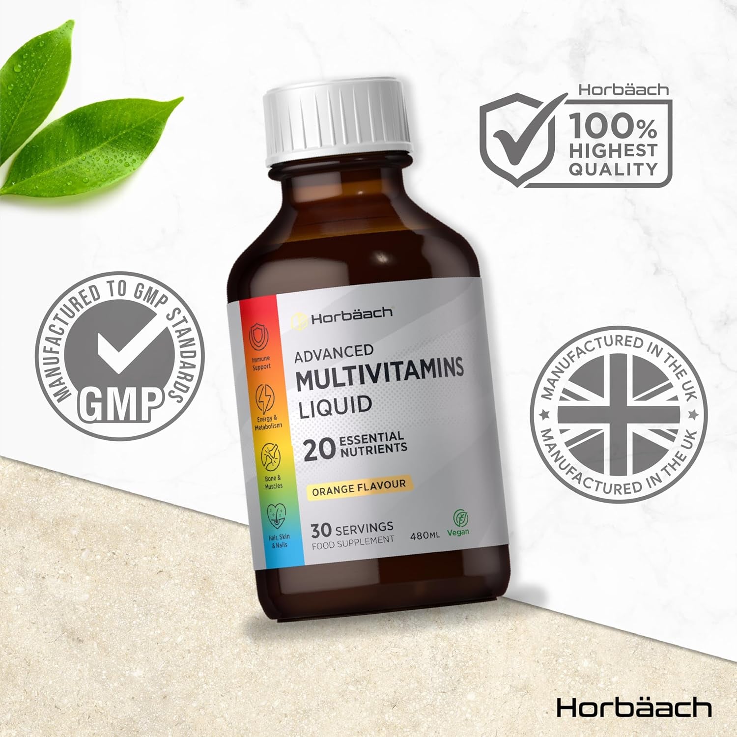 Multivitamin Liquid for Adults | 480Ml (30 Servings) | Orange Flavour | 20 Essential Nutrients for Overall Wellness | Vegan Food Supplement | by Horbaach