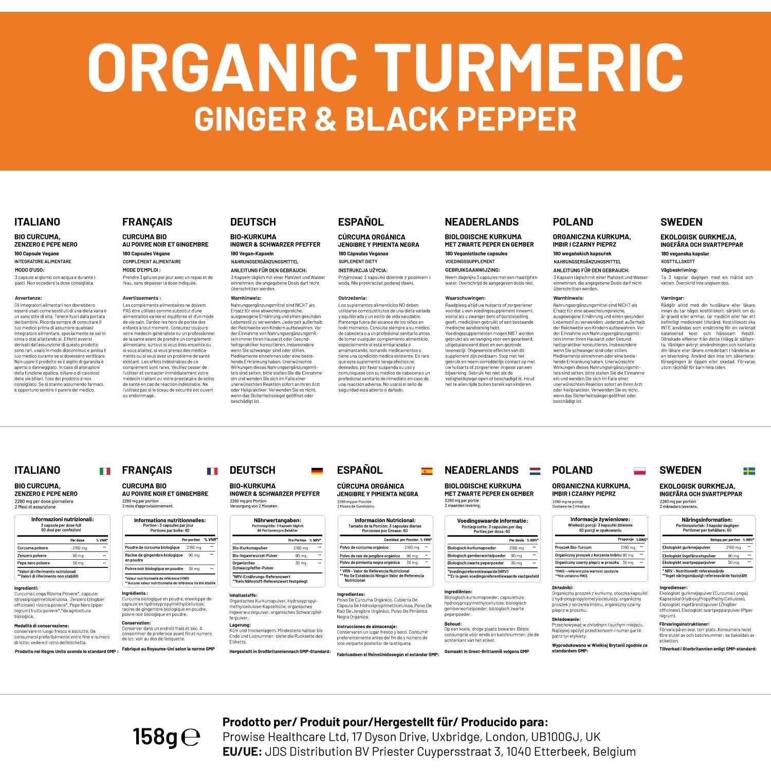 Organic Turmeric 2280Mg (High Strength) with Black Pepper & Ginger - 180 Vegan Turmeric Capsules with Active Ingredient Curcumin I Soil Association Approved I UK Made by Prowise Healthcare