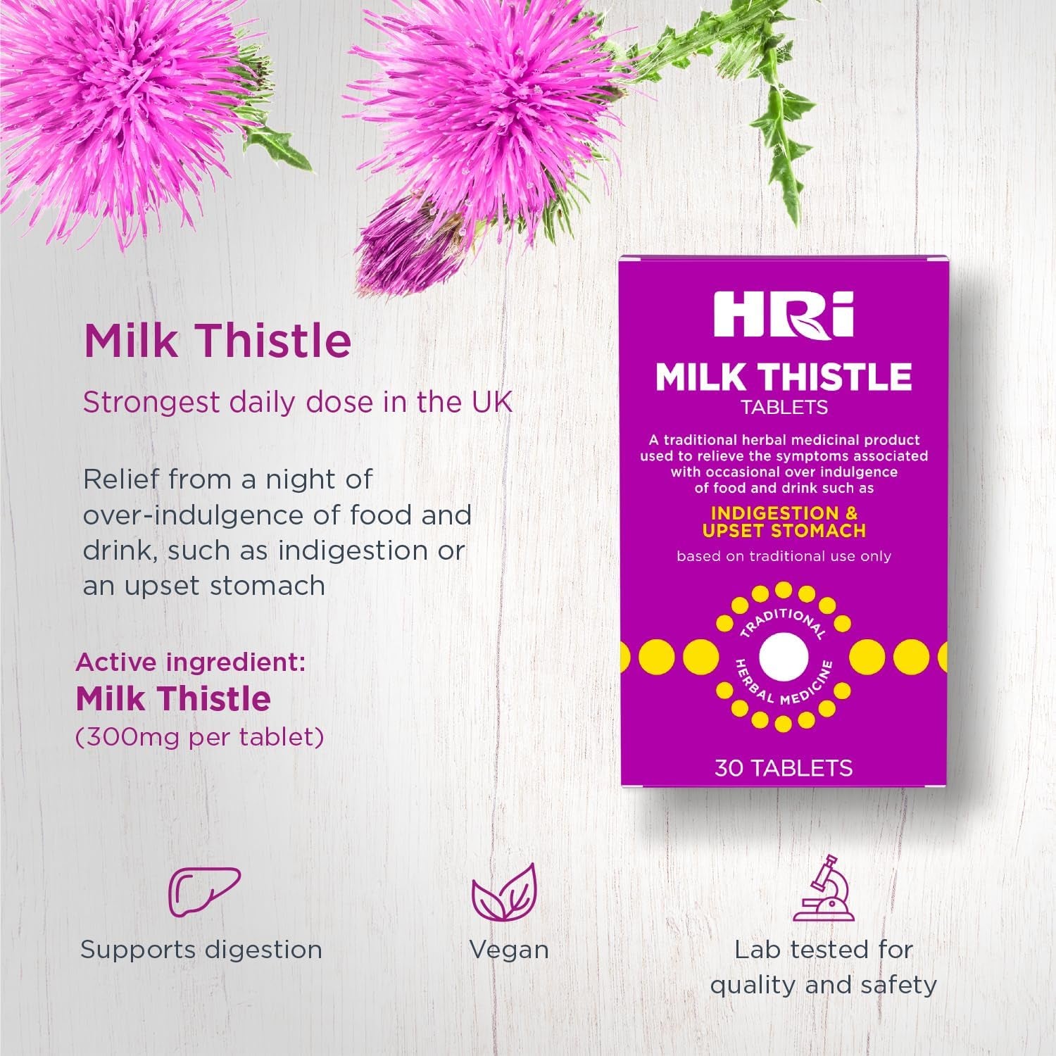 HRI Milk Thistle 30 Tablets - to Relieve Symptoms Associated with over Indulgence of Food and Drink Such as Indigestion and Upset Stomach. 300 Mg of Milk Thistle Extract. 1 Pack
