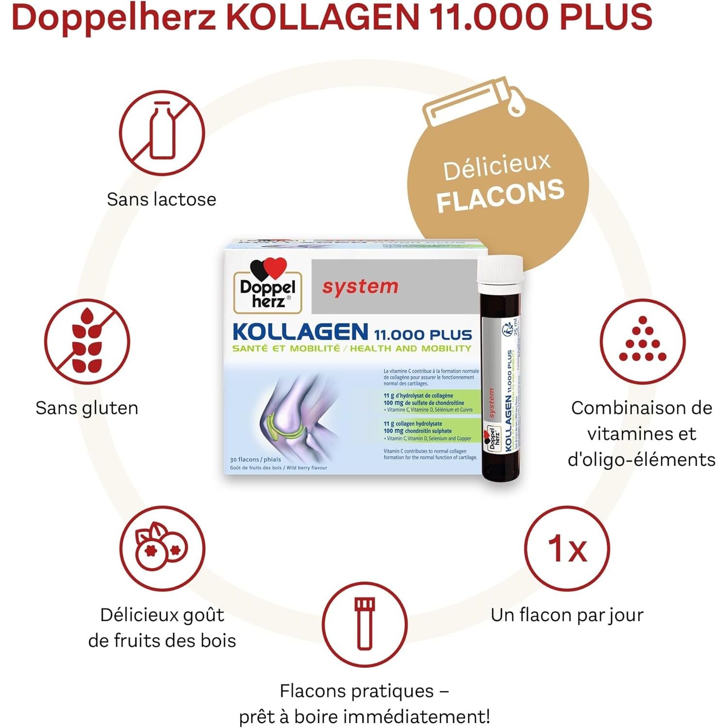 Doppelherz - Kollagen 11000 plus - Collagen Hydrolysate, Chondroitin Sulphate, Vitamins C and D and Trace Elements - for Bones, Cartilages and Tendons - Wild Berry Flavour Liquid- 30 Bottles of 25Ml