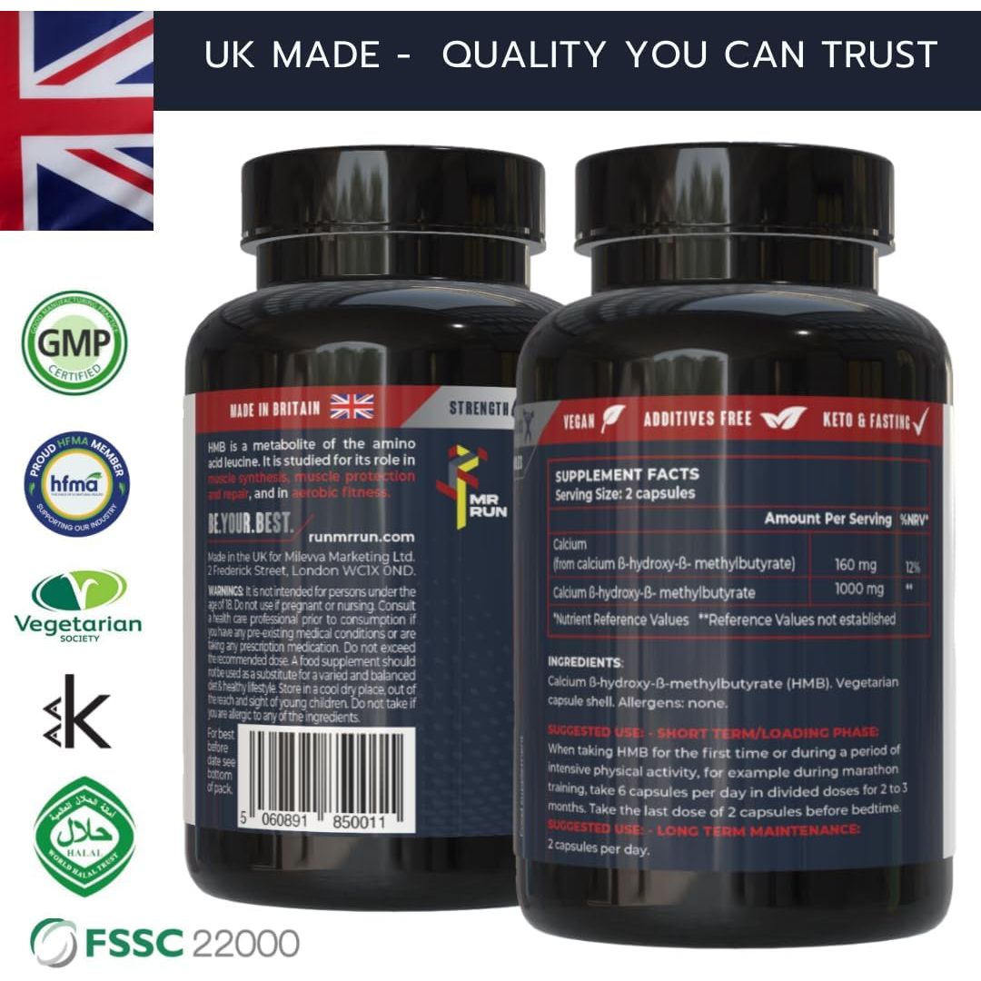 Mr Run'S HMB - Muscle Strength & Fitness, 1000Mg per Serving - Protect from Muscle Loss during Calorie Cutting, Ageing or Inactivity - 120 Capsules, 60 Servings