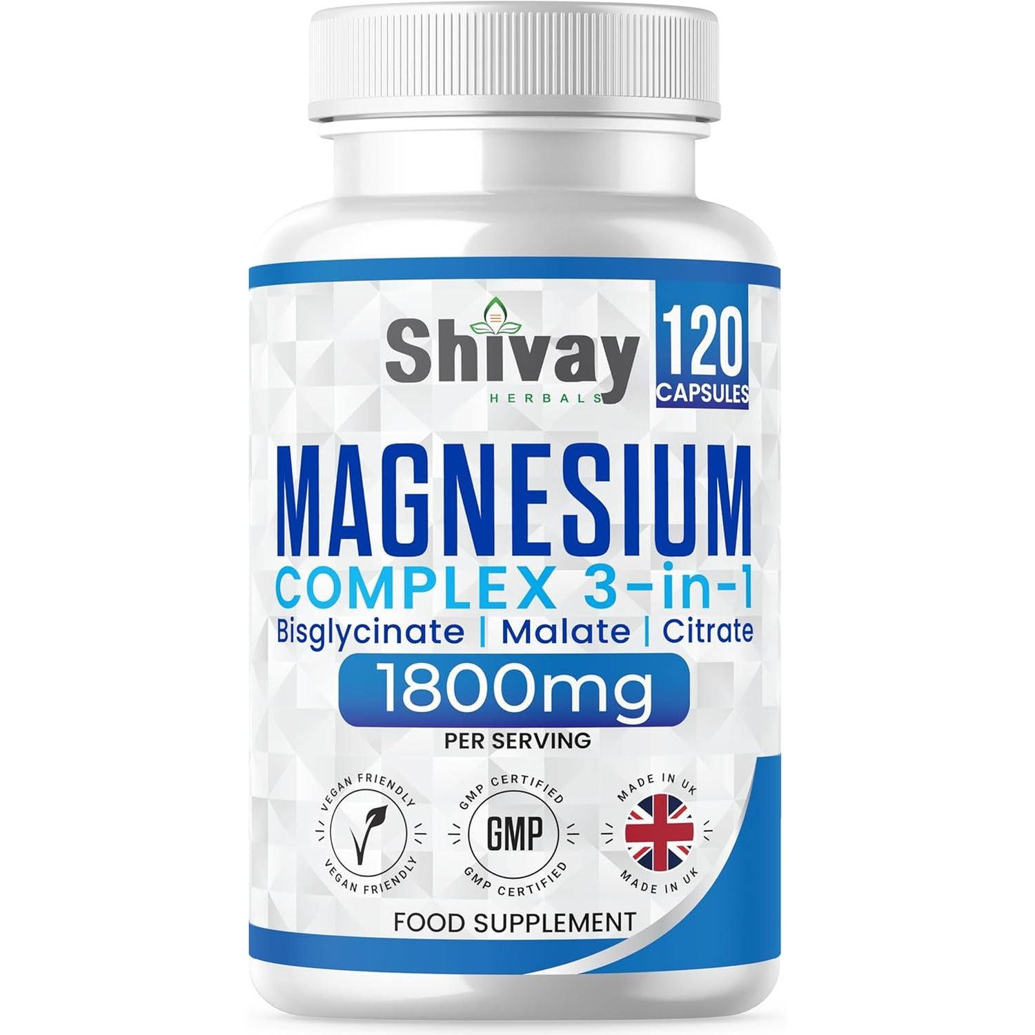 Magnesium Glycinate 3 in 1 Complex | 1800Mg per Serving - 384Mg Elemental Mg | High Strength Magnesium Bisglycinate, Malate, Citrate | 120 Vegan Capsules | Made in the UK by Shivay Herbals