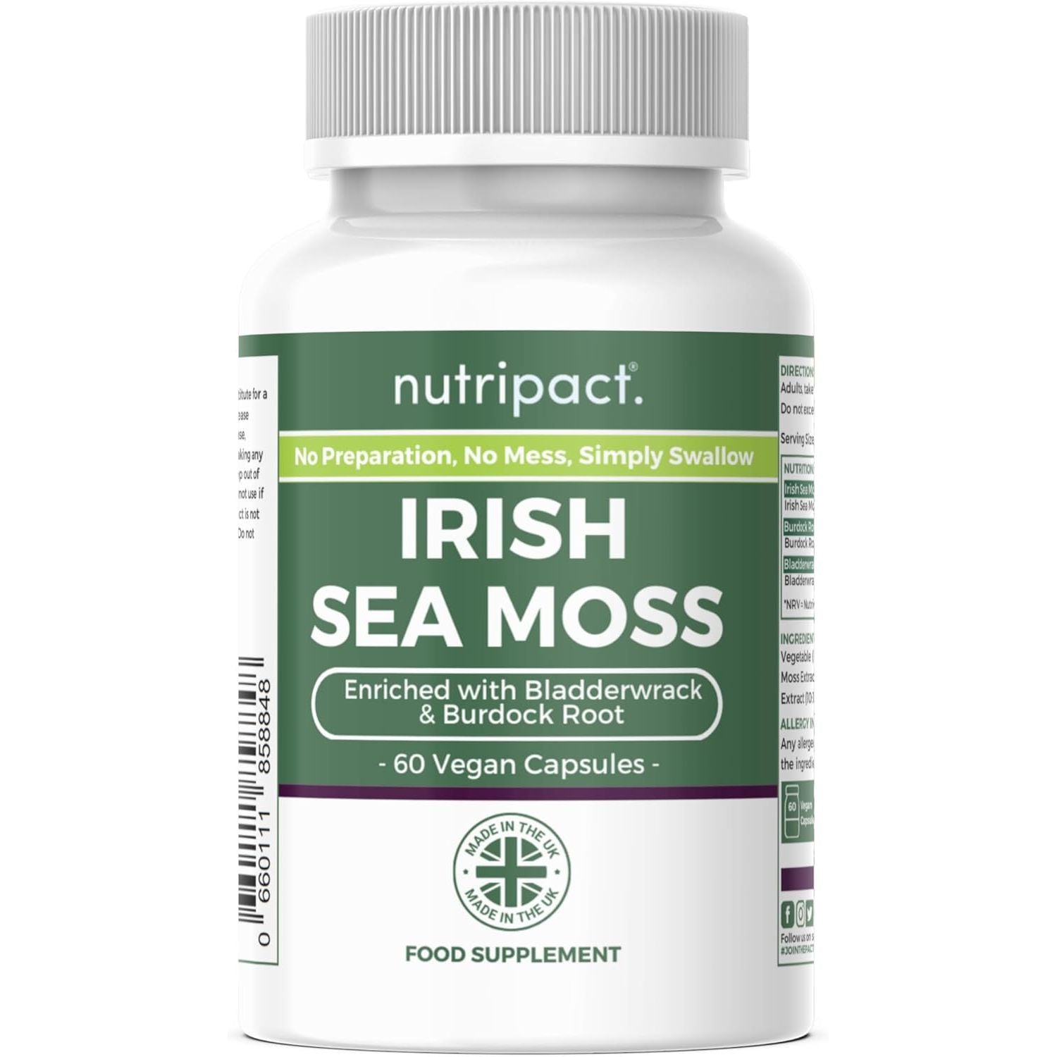 Nutripact Sea Moss Capsules, Bladderwrack and Burdock Root - 3280Mg per Serving - One a Day High Strength - Easy to Swallow - Natural Source of Iodine - Chondrus Crispus - 60 Vegan Capsules