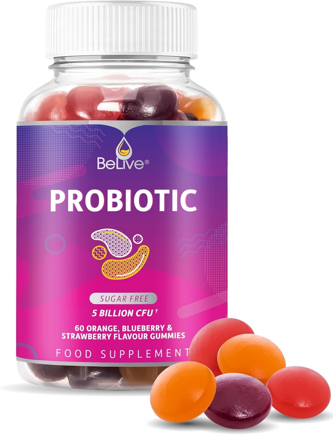 Belive Probiotic Gummies - Probiotics with 5 Billion Cfus for Digestive Health, Men, Women & Kids - for Immune Support, Sugar Free & Vegan | 60 Ct – Blueberry, Strawberry & Orange (60 Count)