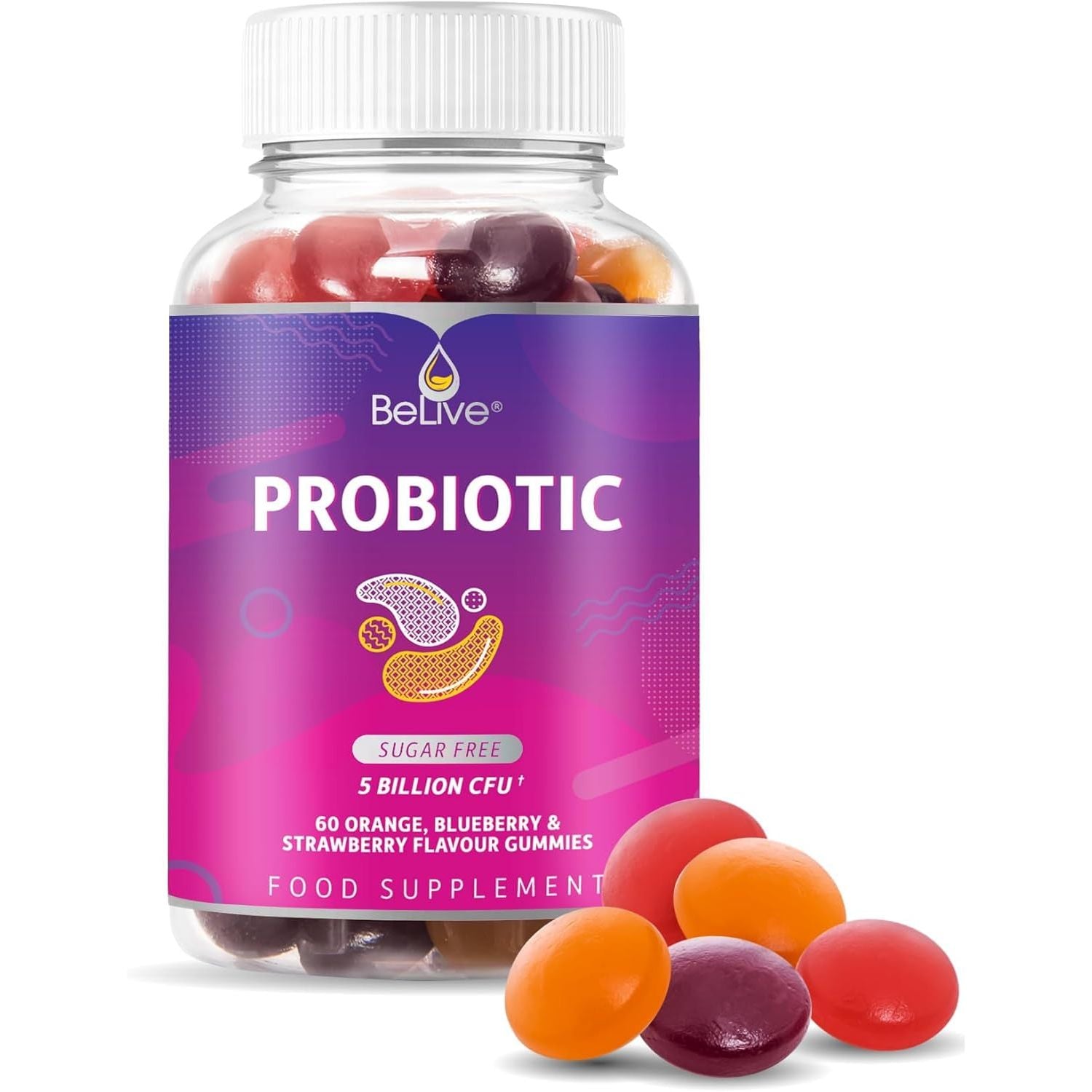 Belive Probiotic Gummies - Probiotics with 5 Billion Cfus for Digestive Health, Men, Women & Kids - for Immune Support, Sugar Free & Vegan | 60 Ct – Blueberry, Strawberry & Orange (60 Count)