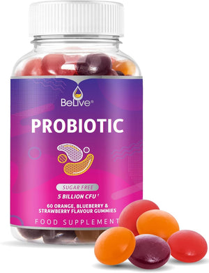 Belive Probiotic Gummies - Probiotics with 5 Billion Cfus for Digestive Health, Men, Women & Kids - for Immune Support, Sugar Free & Vegan | 60 Ct – Blueberry, Strawberry & Orange (60 Count)