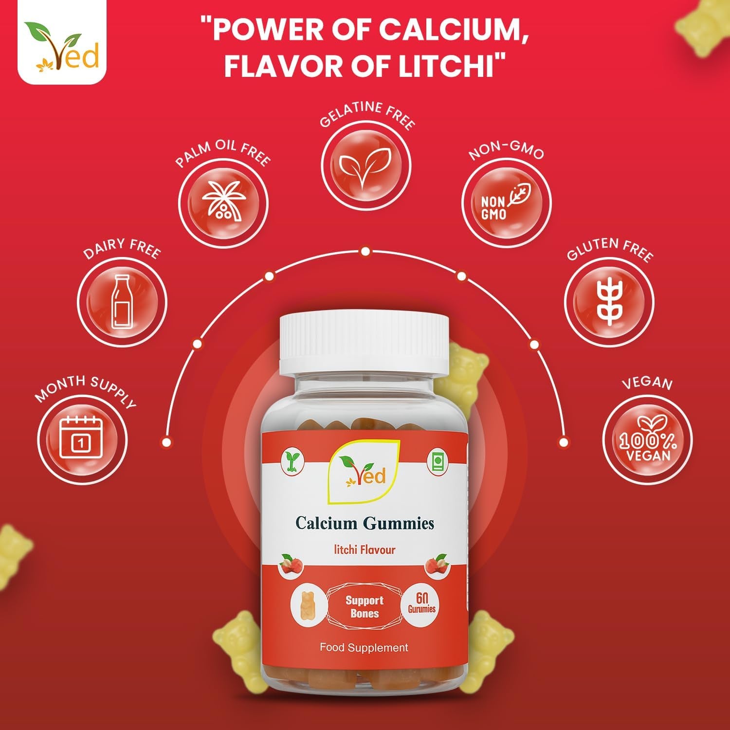 Ved Calcium Gummies; Chews Litchi Flavour, Calcium & Vitamin D Gummies, Vegetarian Vegan Health Supplement - 60 Chews 30 Days’ Supply