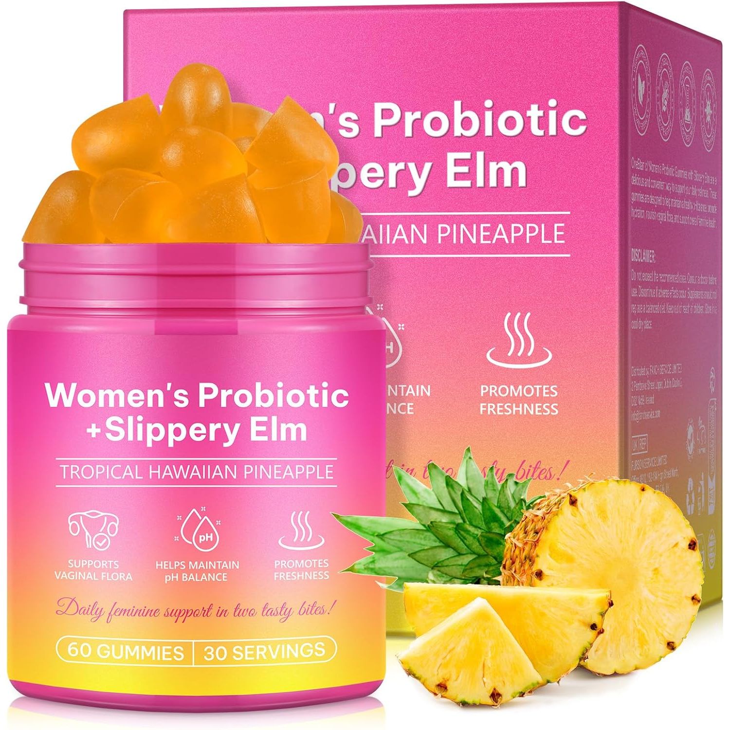 Vaginal Probiotics Gummies for Women, Premium Feminine Balance Gummies with Slippery Elm for Vaginal Health Support, Ph Balance & Intimate Comfort - Pineapple Flavour Vegan, 60 Pcs