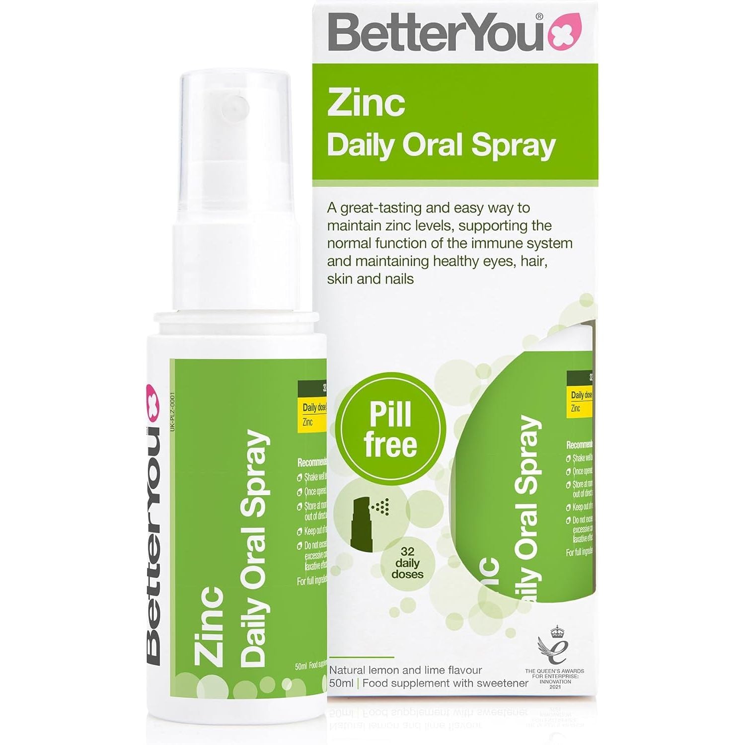 Betteryou Zinc Oral Spray Supplement, Fast Acting Zinc Bisglycinate Chelate Supplement for Immune System Support, 1-Month Supply, Made in the UK, Natural Lemon and Lime Flavour