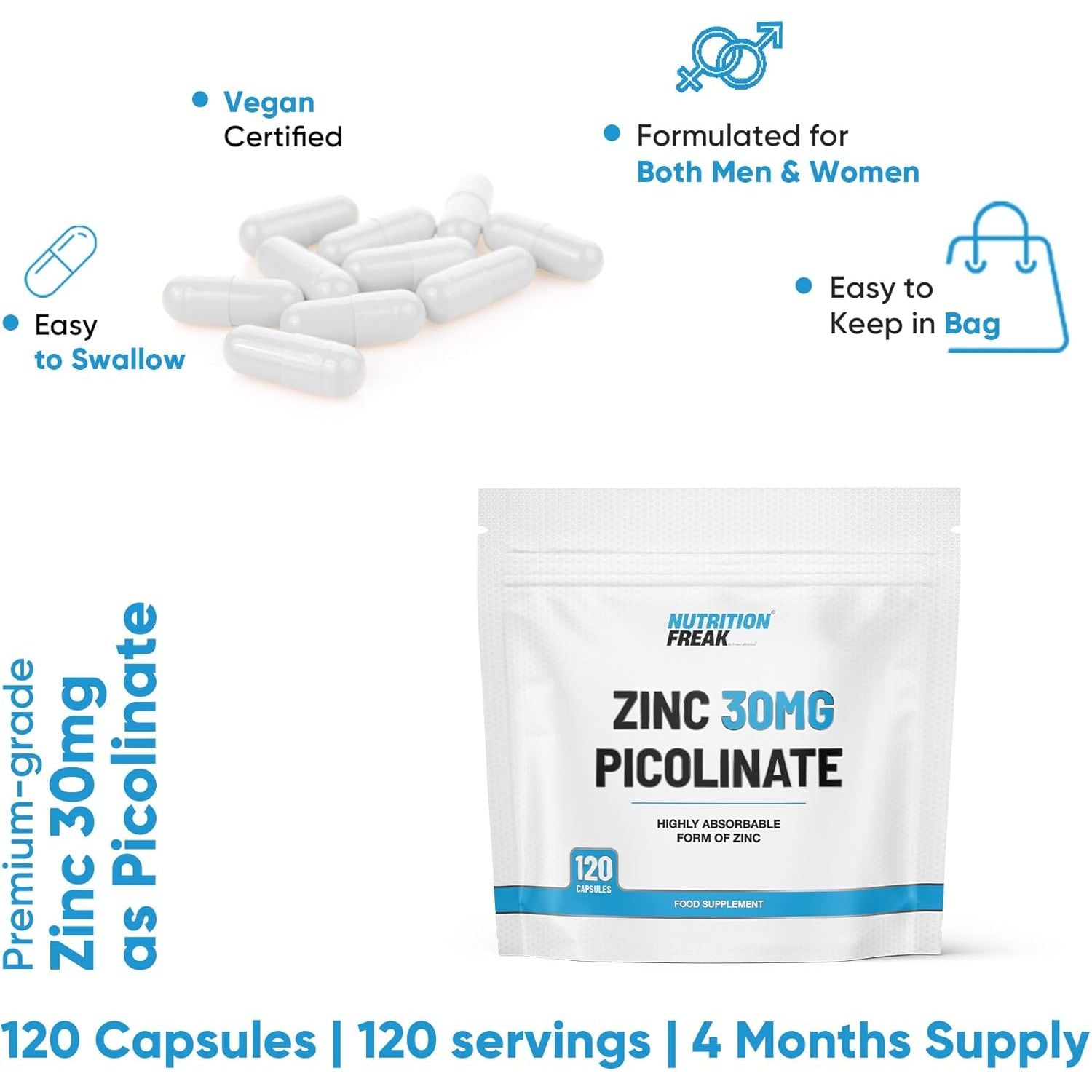 Zinc 30Mg as Picolinate 120 Capsules Made in the UK by Freak Athletics