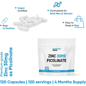 Zinc 30Mg as Picolinate 120 Capsules Made in the UK by Freak Athletics