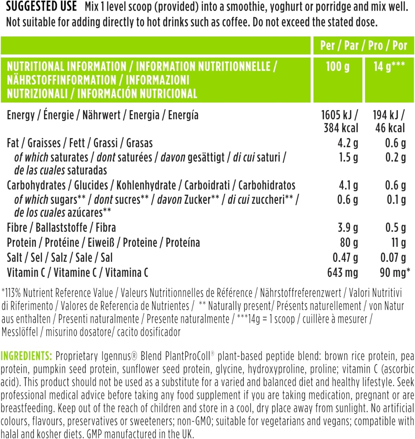 Vegan Pro-Collagen Protein Powder, Plant-Based Peptide Supplement with Glycine, 21 Amino Acids & Vitamin C, Complete Collagen Boosting Formula, Mix into Drinks or Food, 35 Servings, by Igennus