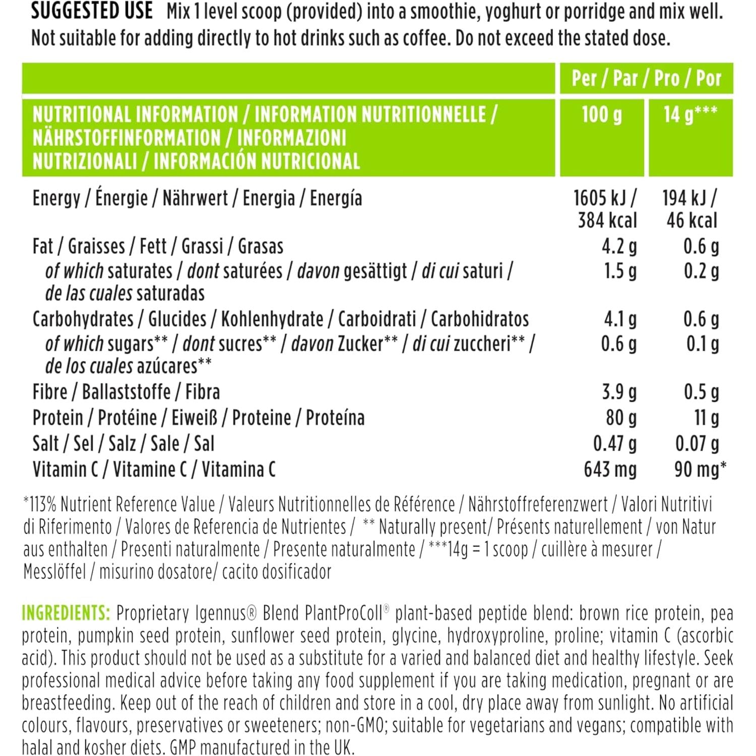 Vegan Pro-Collagen Protein Powder, Plant-Based Peptide Supplement with Glycine, 21 Amino Acids & Vitamin C, Complete Collagen Boosting Formula, Mix into Drinks or Food, 35 Servings, by Igennus