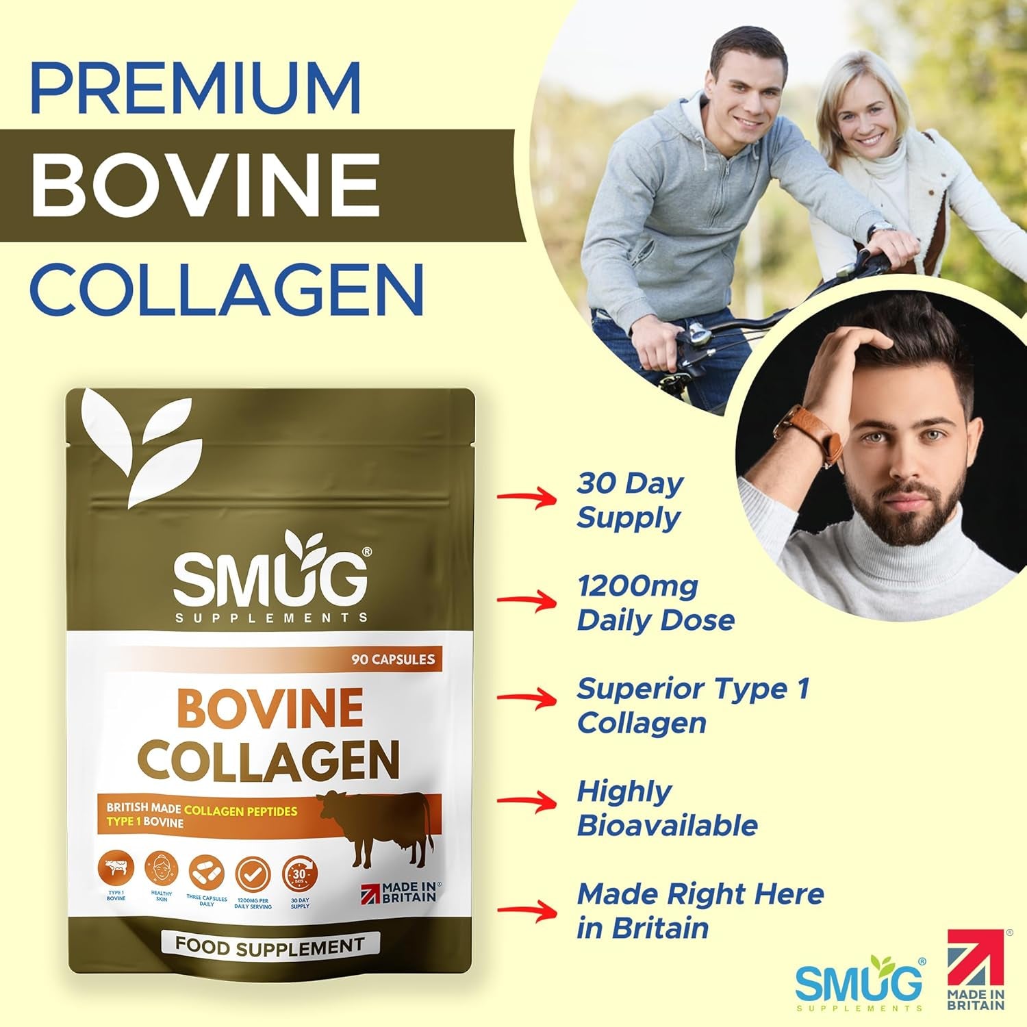 Bovine Collagen British Made by SMUG Supplements - 90 Capsules - Type 1 Peptides - 1200Mg Daily Serving of Collagen Powder in Three-A-Day Capsules - 30 Day Supply - Suitable for Both Men and Women