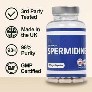 Pure Vitality : Spermidine Trihydrochloride 98% Purity - 90 X 8Mg Vegan Capsules - GMP HACCP Certified - UK Manufacturer - Gluten Free - Lab Tested - Optimal Dosage
