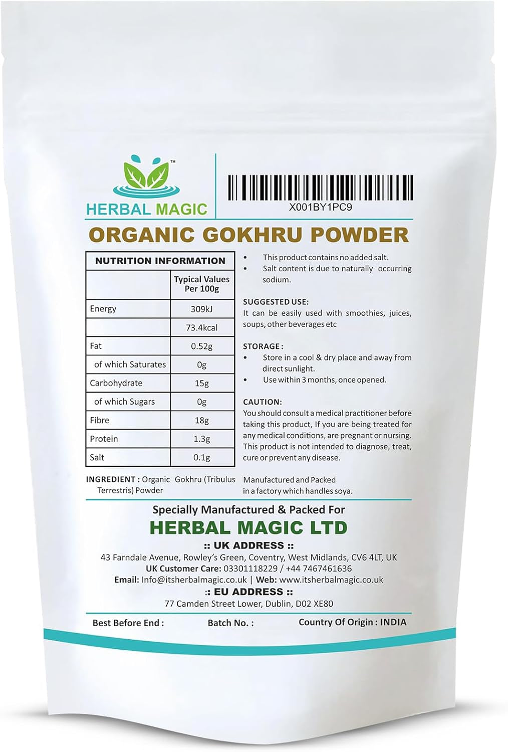 Herbal Magic'S Organic Terrestris Powder/Gokhru Powder - Revered Herb in Ayurveda - Free from Fillers Artificial Colour Flavour & Preservatives Of&G UK Organic Certified