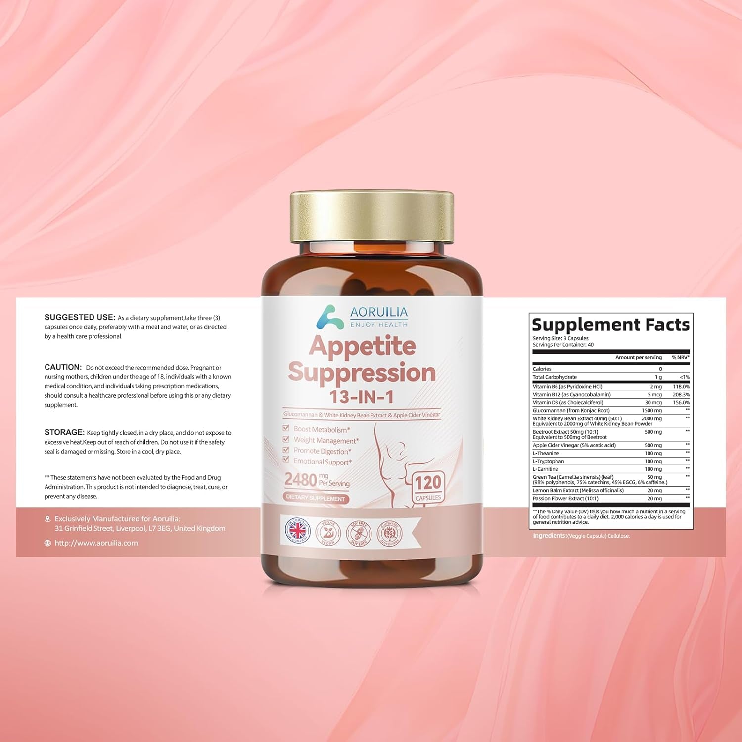 Appetite Suppressants for Women, 13 in 1 Fat Burner 2480Mg Natural Formula with White Kidney Bean Extract, Glucomannan, Apple Cider Vinegar, Vitamins B6 & B12, Green Tea Extract, 120 Capsules