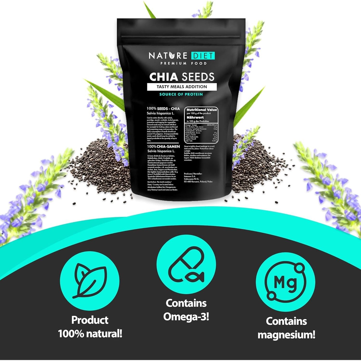 Nature Diet - Chia Seeds 2X 1000 G | Salvia Hispanica | High in Omega-3 | Source of Fiber