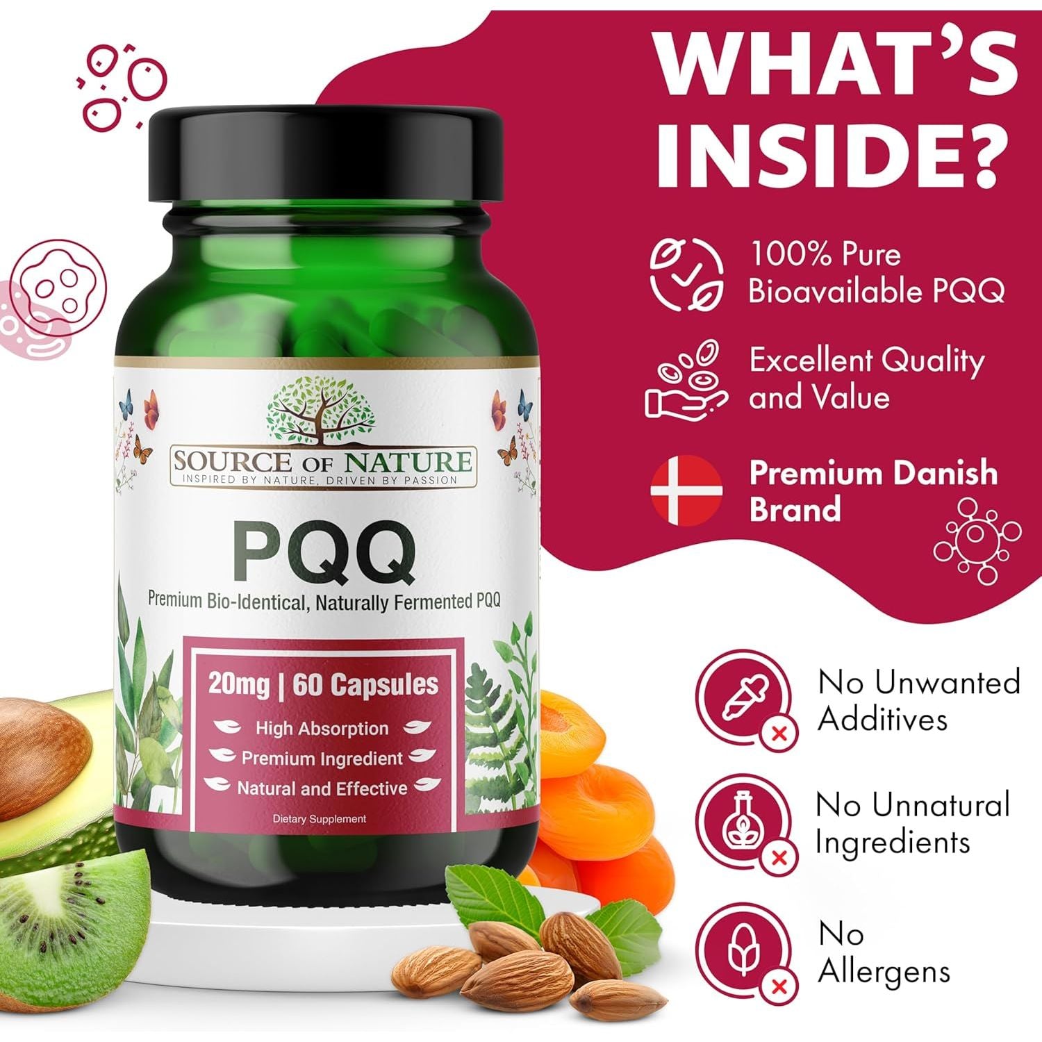 Source of Nature® | 20Mg PQQ | 60 Capsules | 2 Month Supply | Premium Bio-Identical Pyrroloquinoline Quinone| High Dose | No Unwanted Additives | Made in DK | 3Rd Party Tested