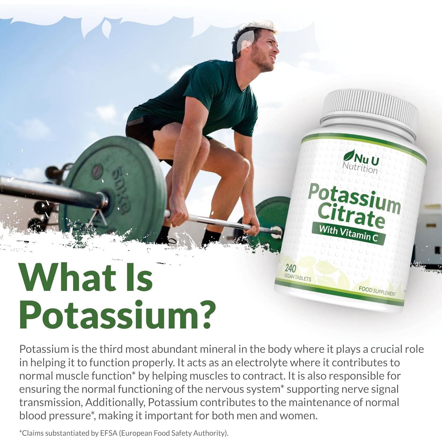 Potassium Supplement High Strength 1550Mg & Vitamin C - 240 Vegan Tablets - 4 Month Supply - Potassium Citrate for Natural Electrolytes Support - Made in the UK - Nu U Nutrition