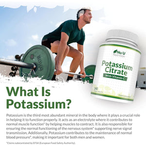 Potassium Supplement High Strength 1550Mg & Vitamin C - 240 Vegan Tablets - 4 Month Supply - Potassium Citrate for Natural Electrolytes Support - Made in the UK - Nu U Nutrition