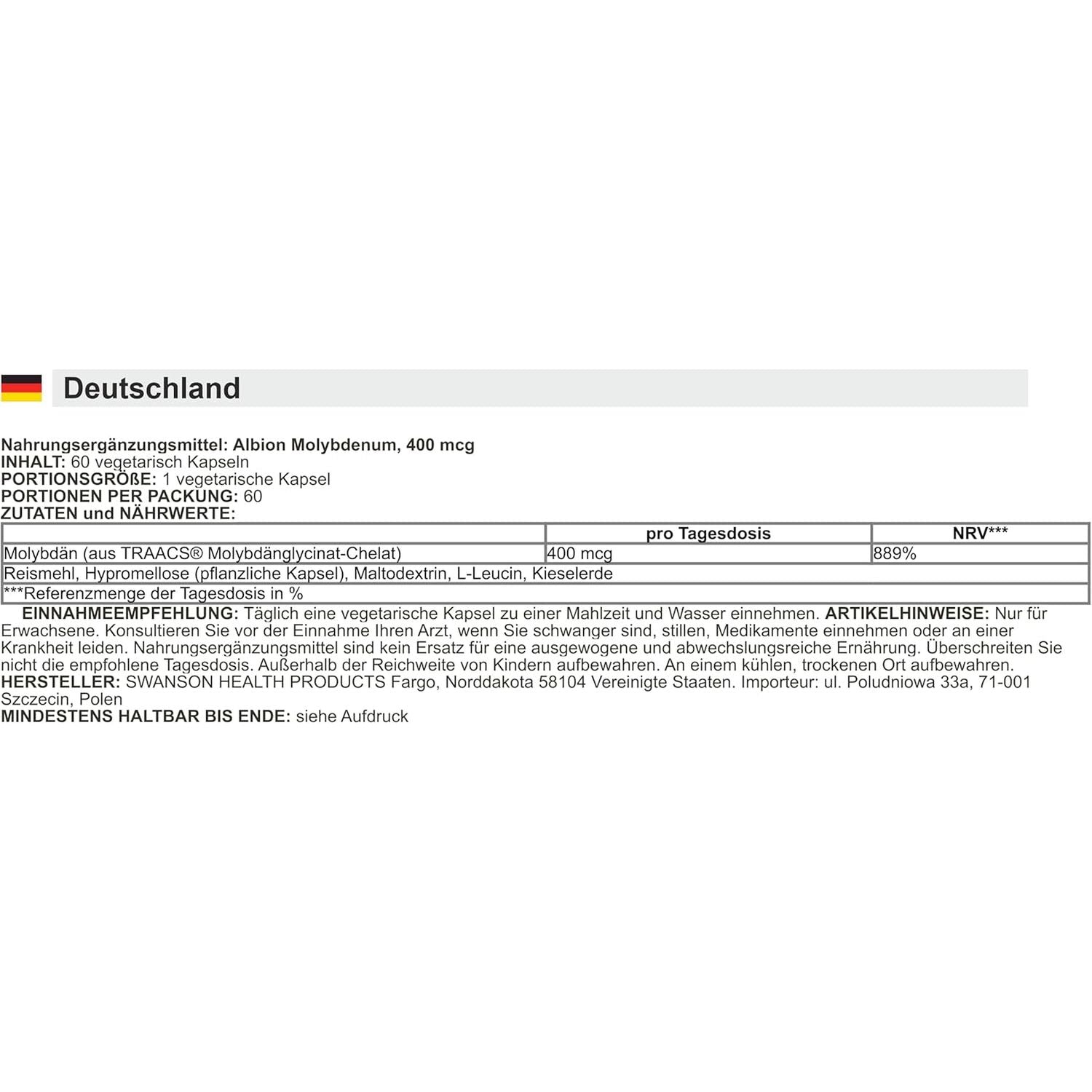 Swanson - Albion Molybdenum | Essential Mineral for Enzyme and Metabolic Support | 400Mcg Capsules - 60 Count