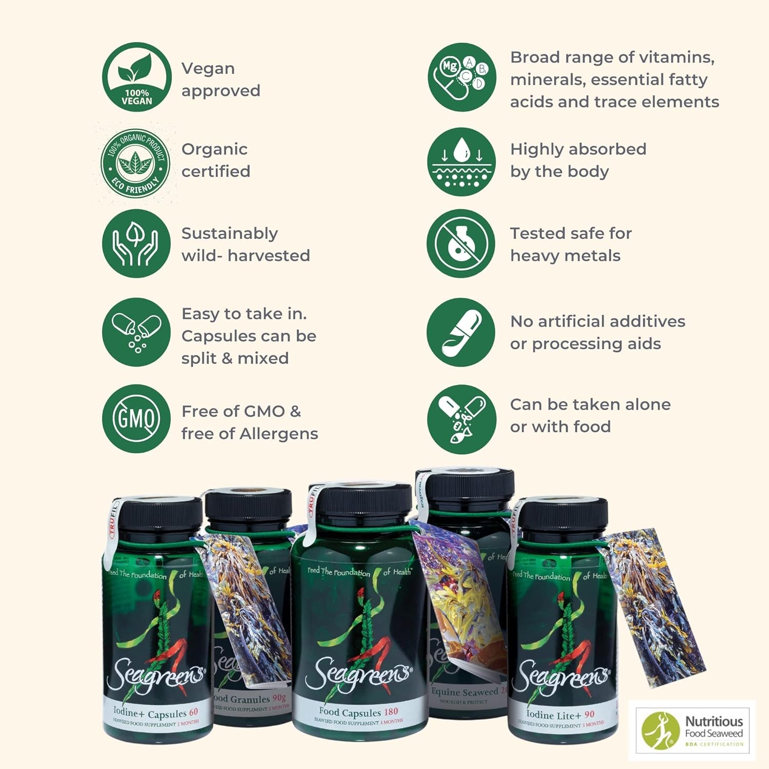 Seagreens Seaweed Food Supplement, 1 Month Supply, 390Mcg Iodine, 11 Vitamins, 67 Minerals, Plant-Based, Vegan, Supports Metabolism, Thyroid & Digestion, 60 Capsules